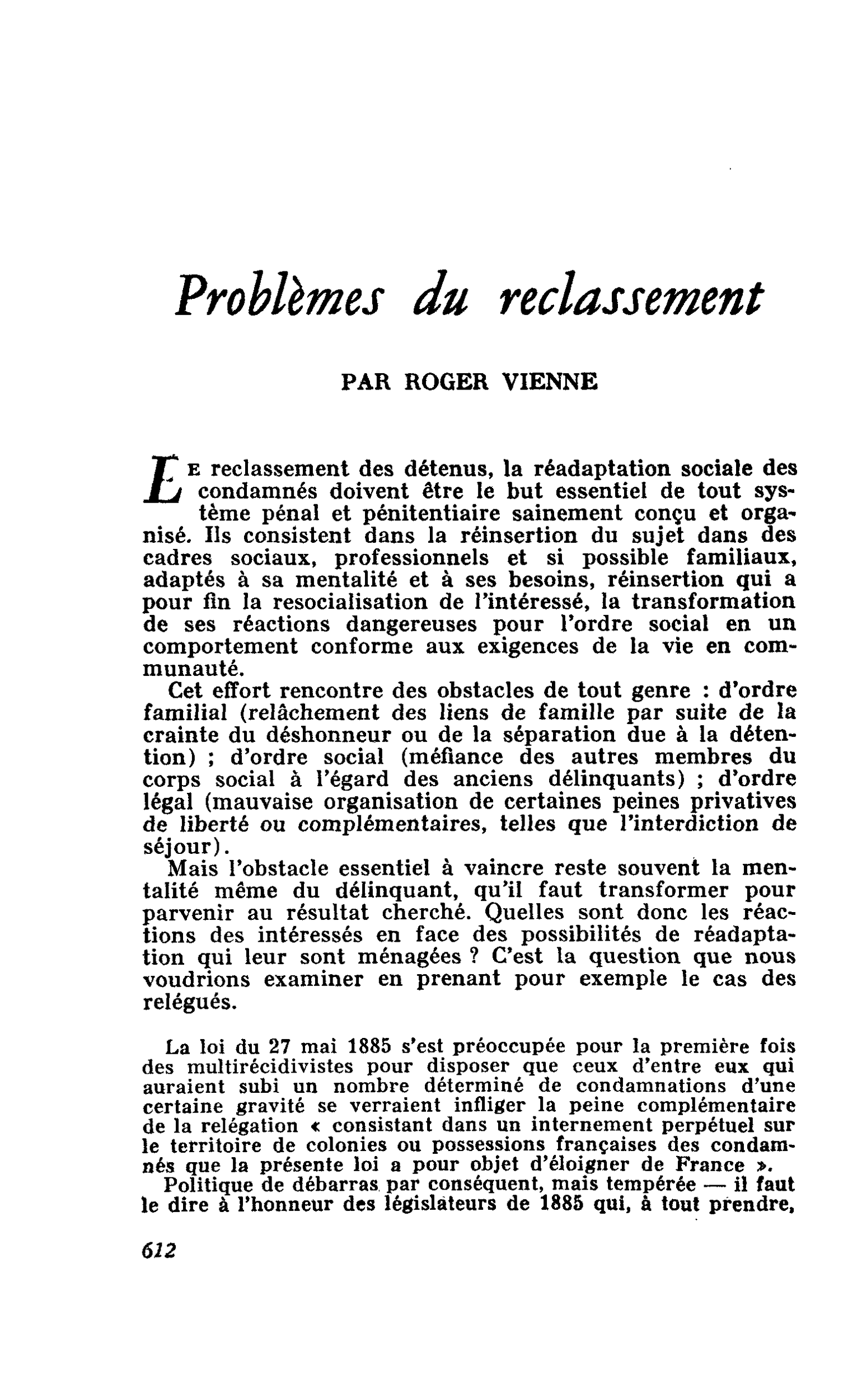 Problèmes du reclassement