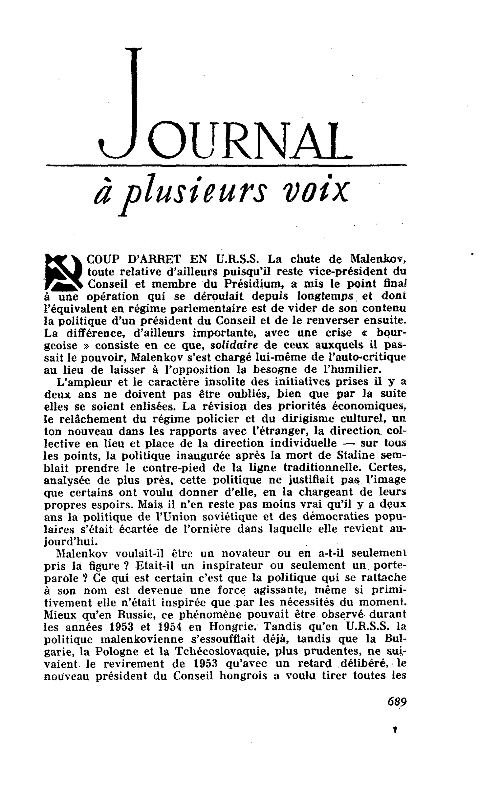 COUP D’ARRET EN U.R.S.S.