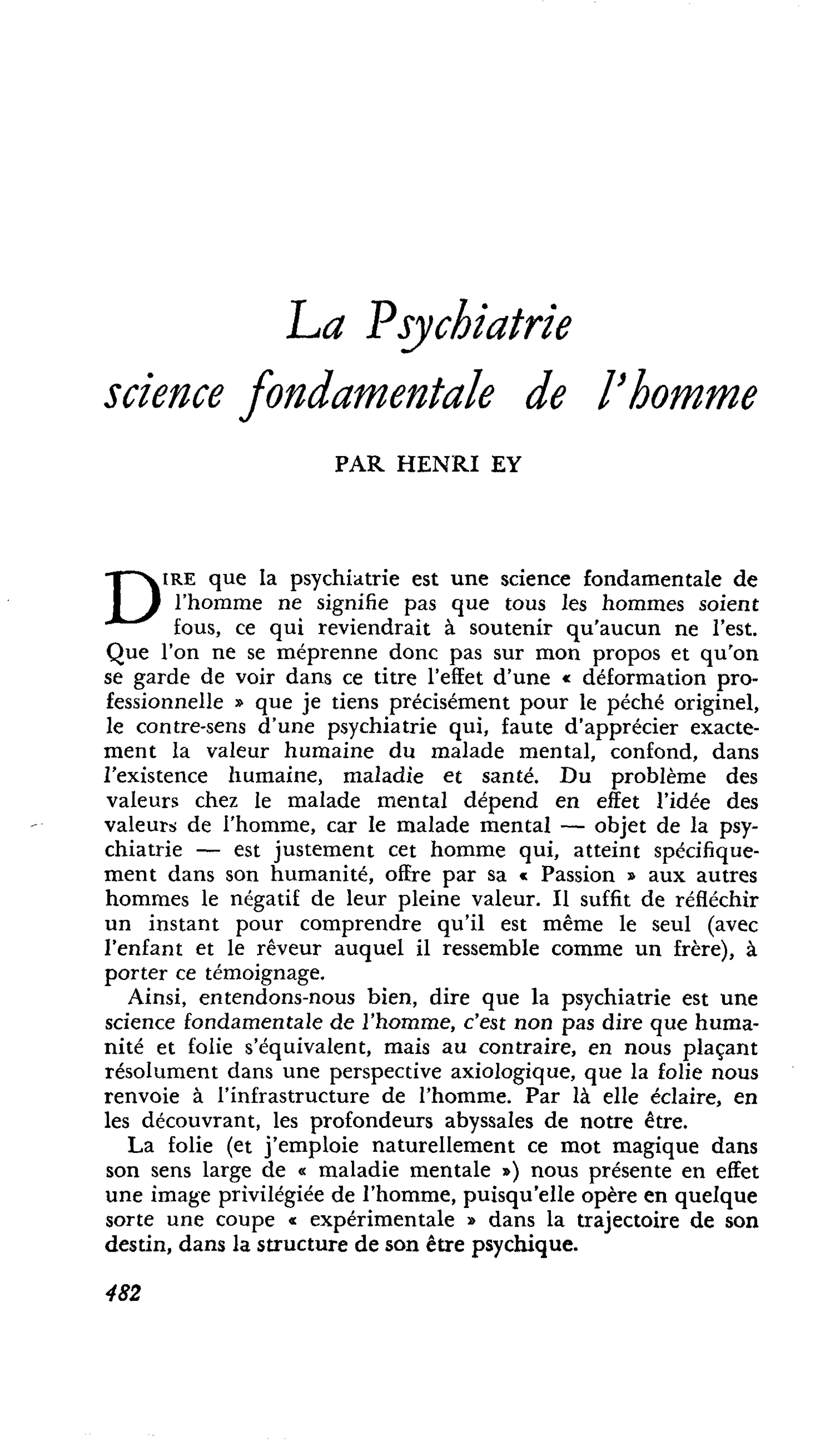La Psychiatrie science fondamentale de l’homme