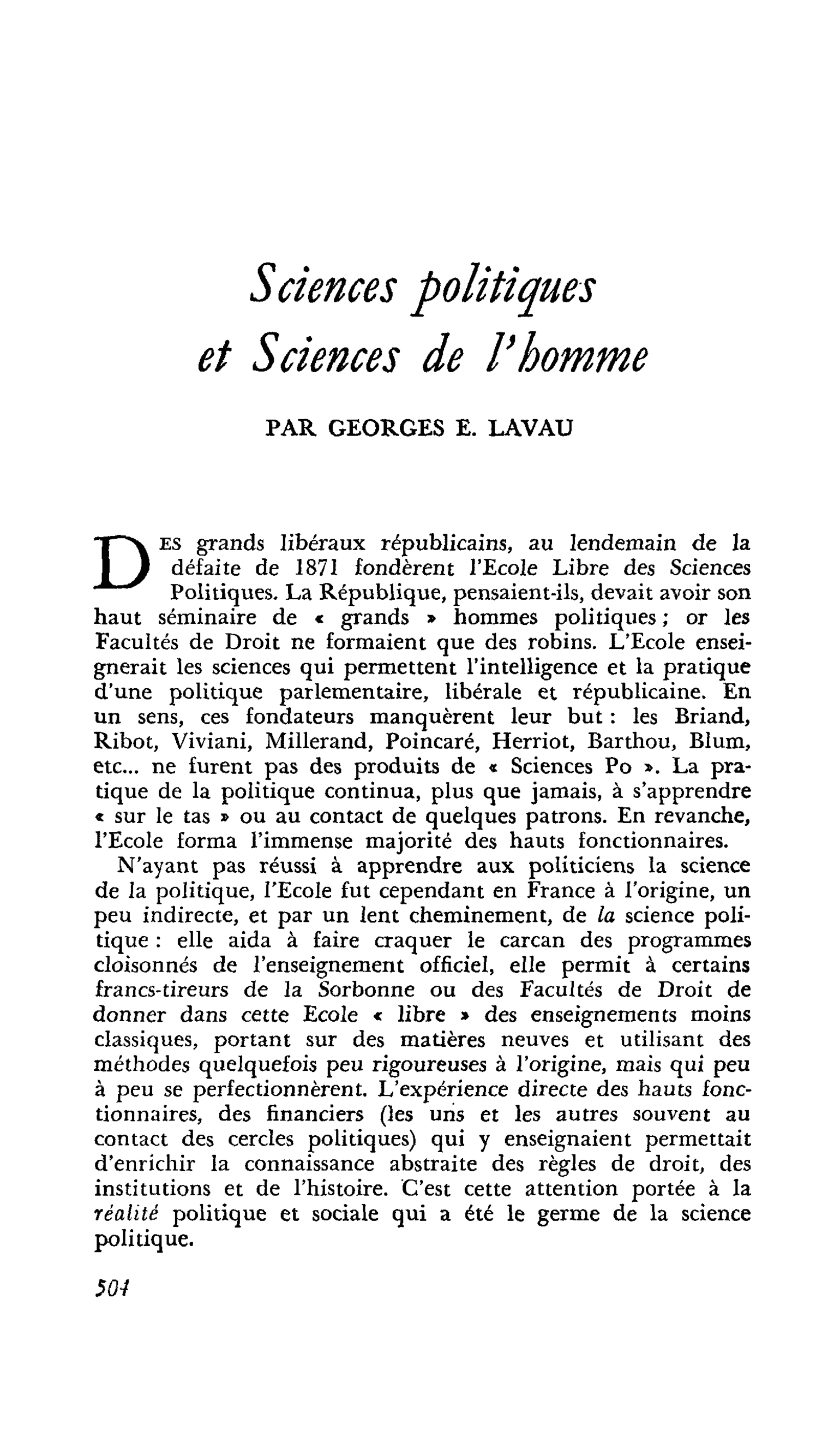Sciences politiques et Sciences de l’homme