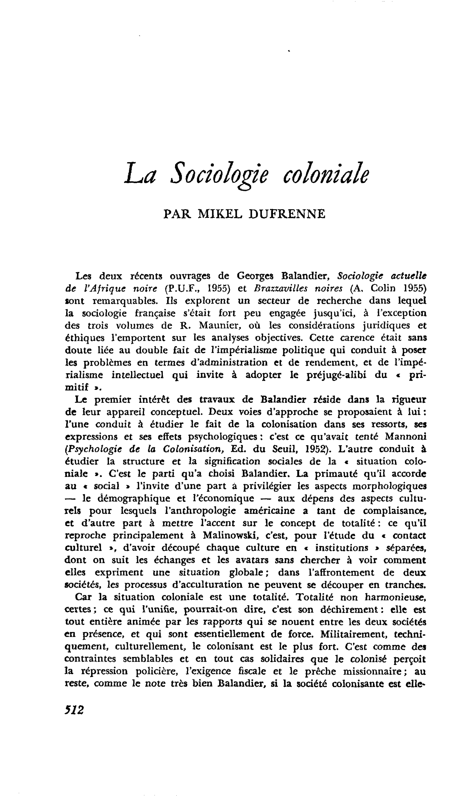 La Sociologie coloniale