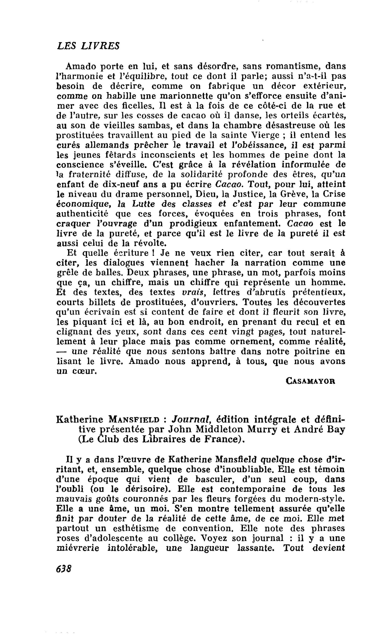 Katherine Mansfield : Journal, édition intégrale et définitive présentée par John Middleton Murry et André Bay