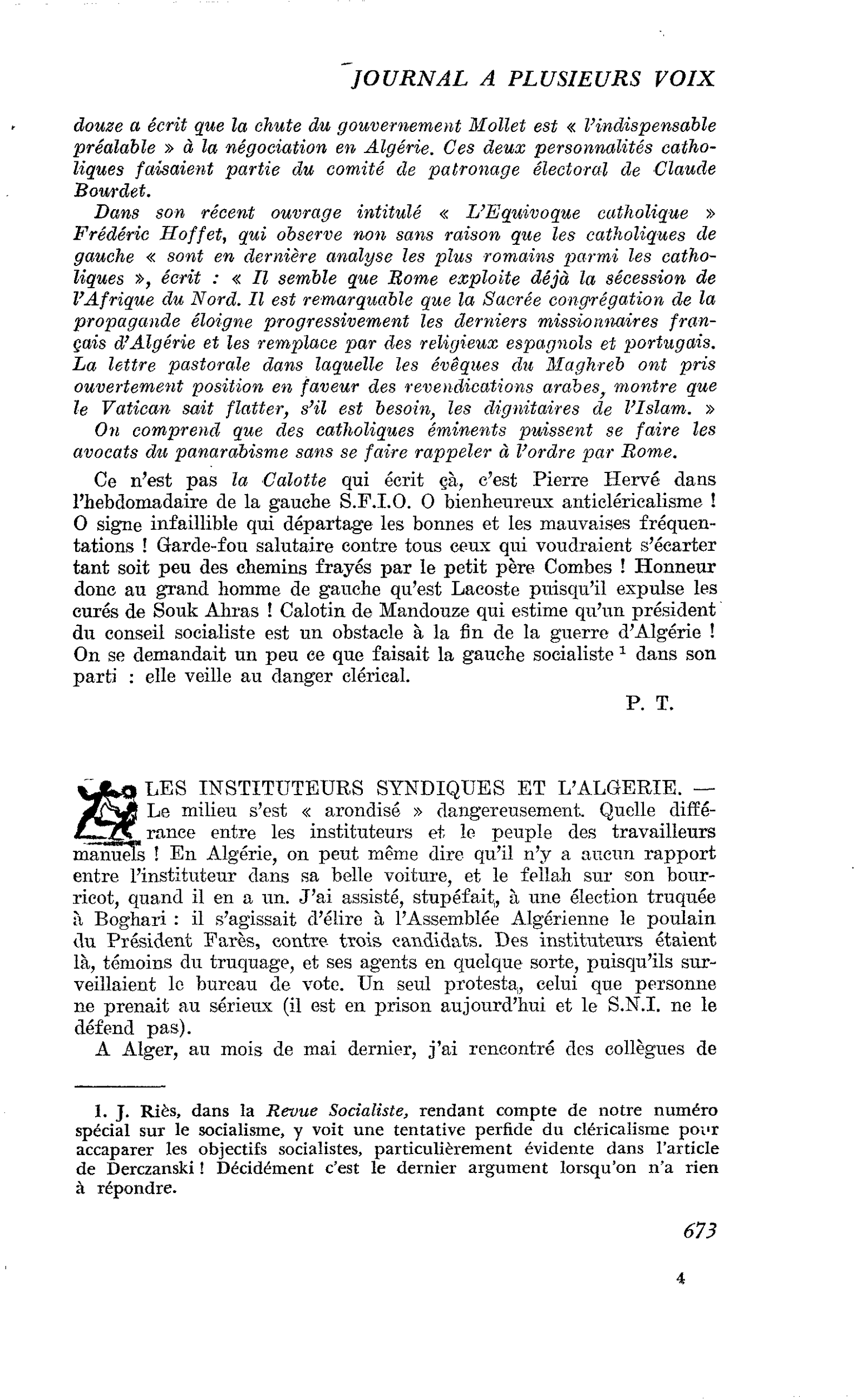 LES INSTITUTEURS SYNDIQUES ET L’ALGERIE