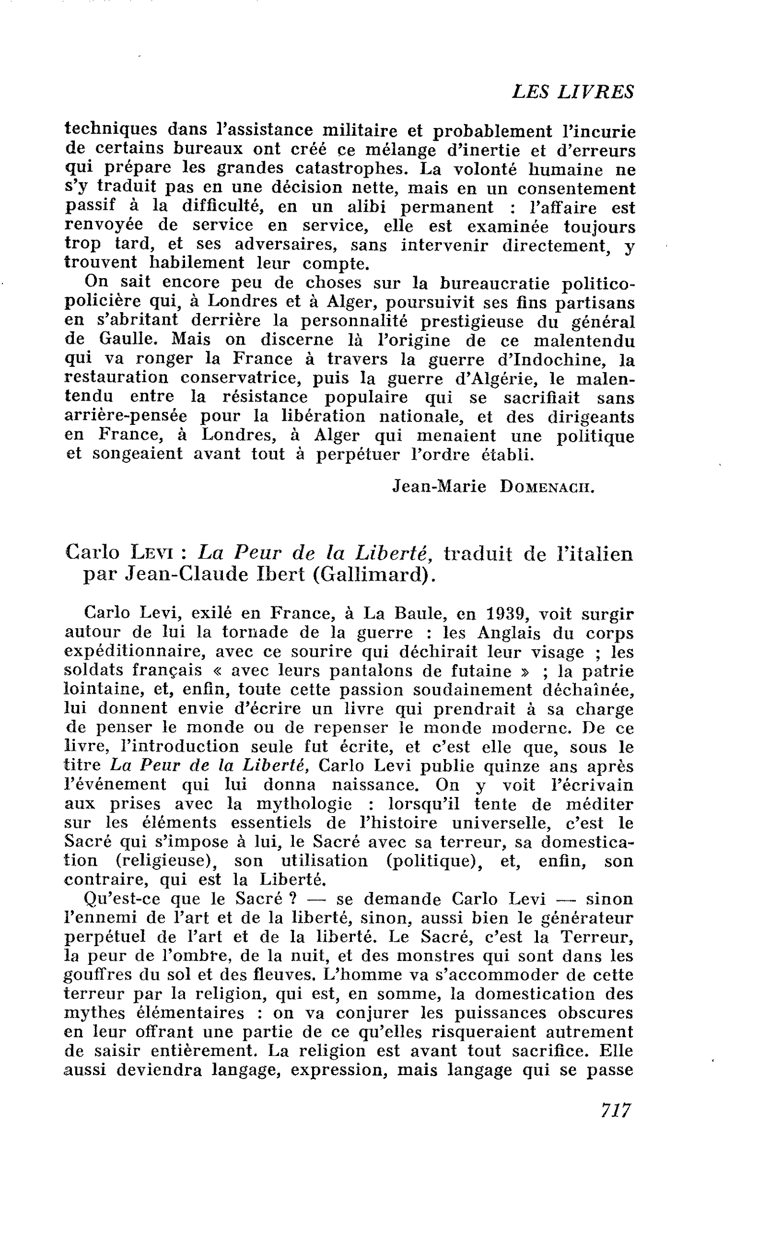 Carlo Levi : La Peur de la Liberté