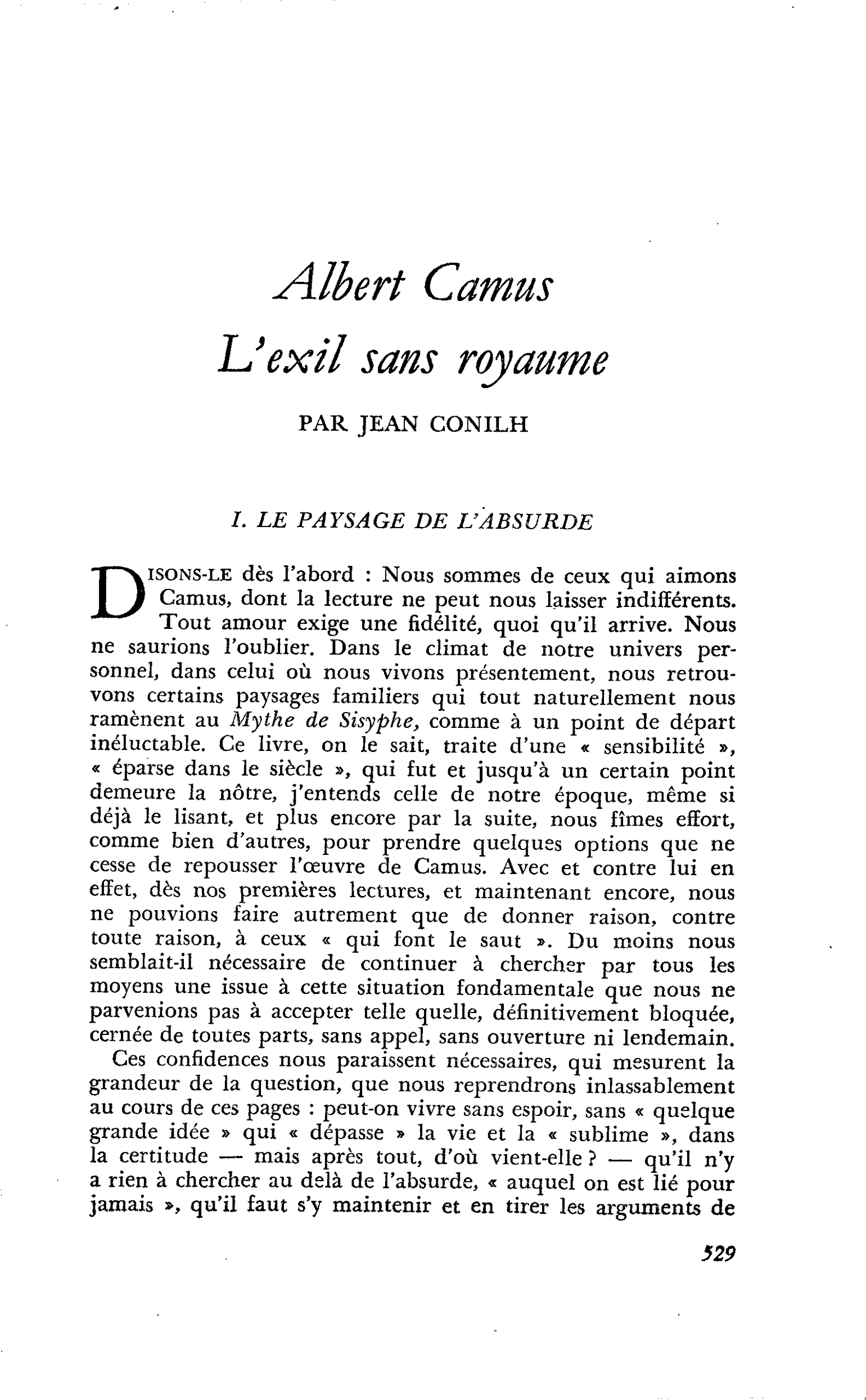 Albert Camus : L’exil sans royaume