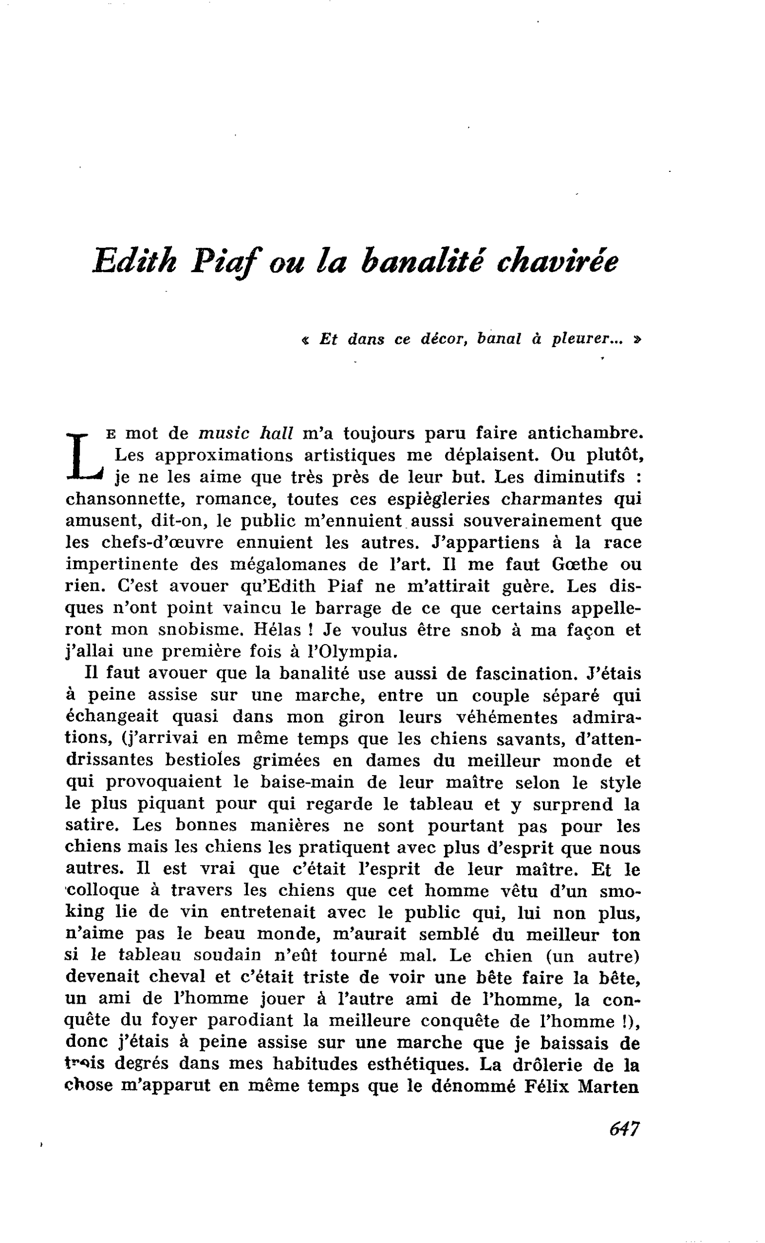 Edith Piaf ou la banalité chavirée