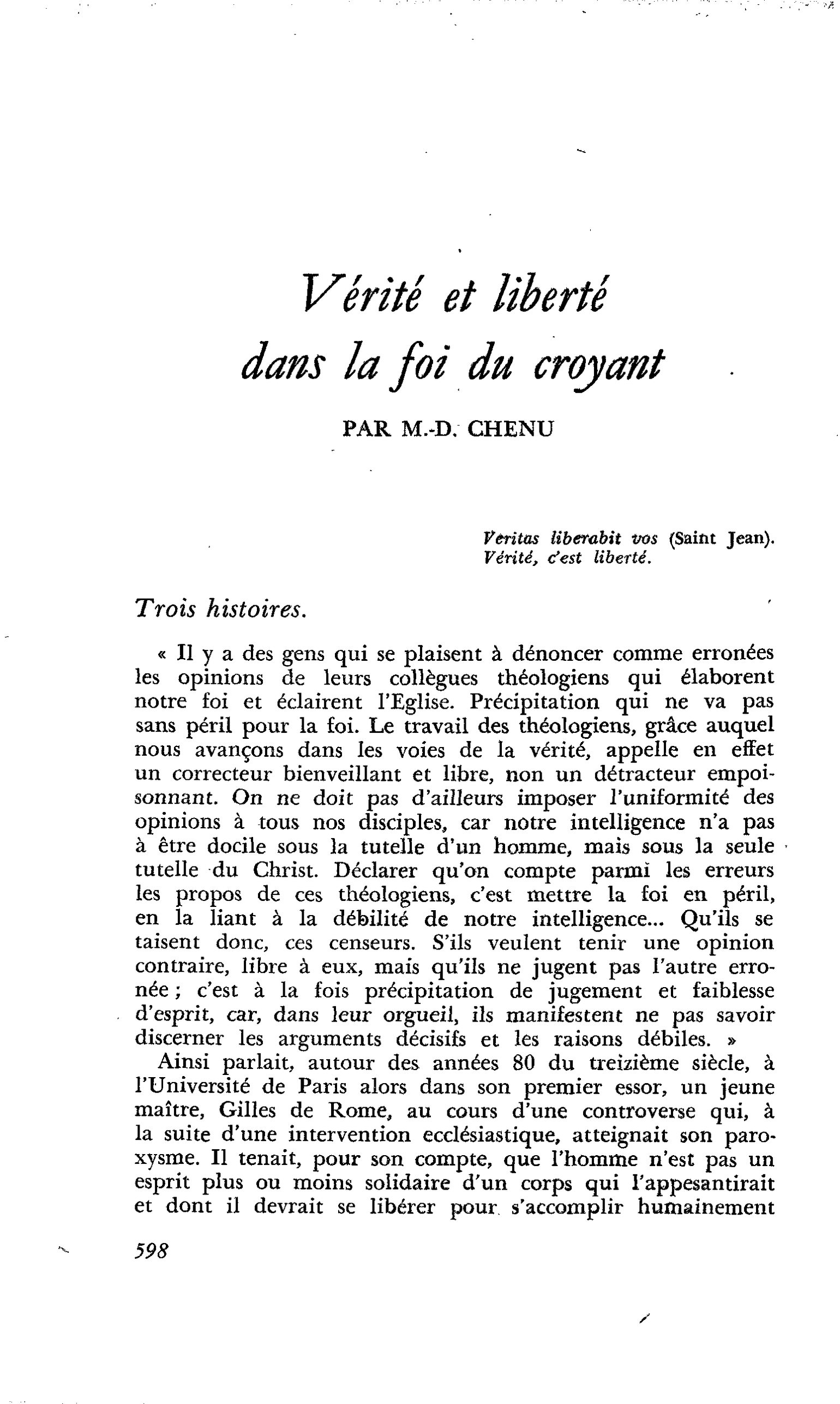 Vérité et liberté dans la foi du croyant