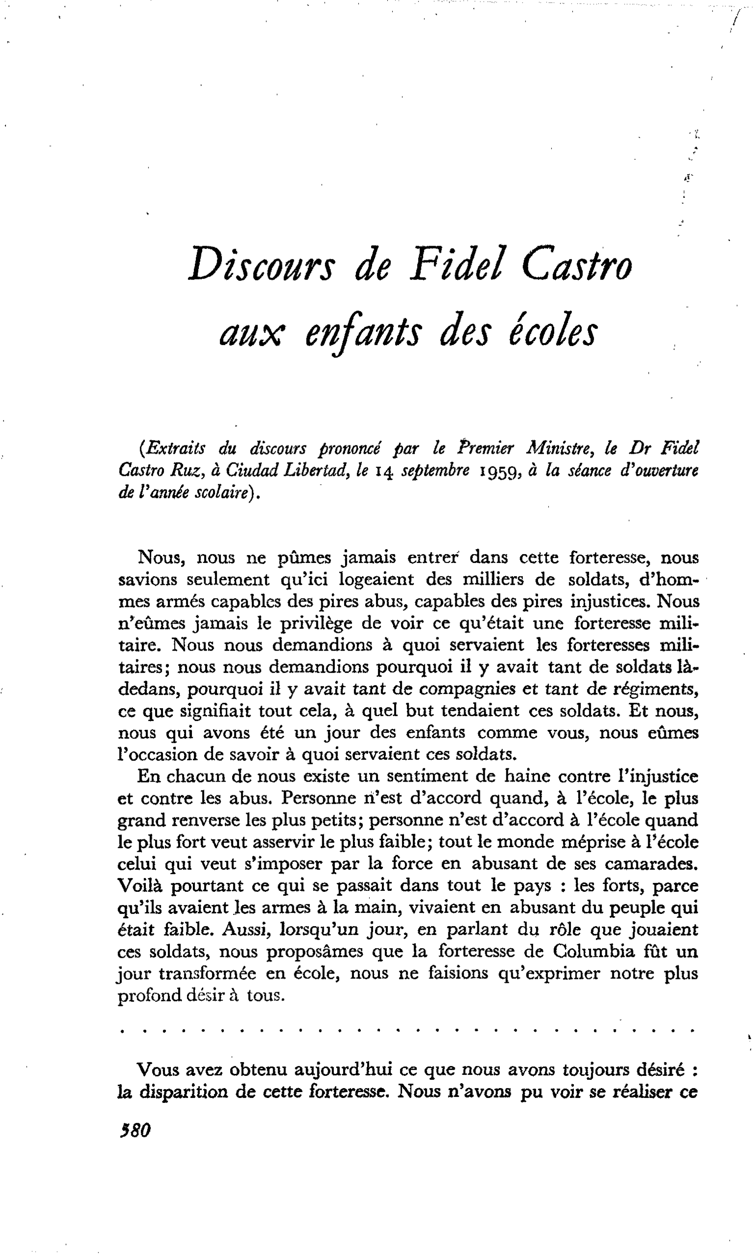 Discours de Fidel Castro aux enfants des écoles