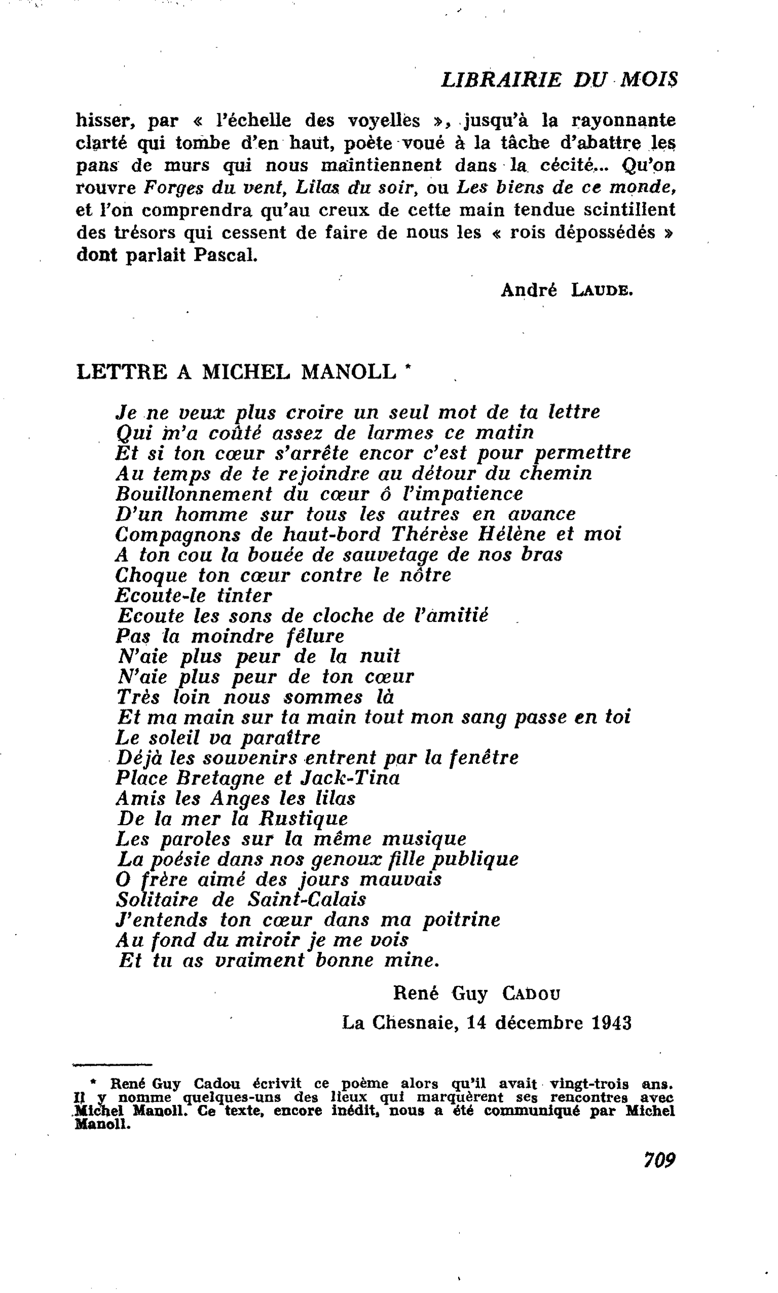 LETTRE A MICHEL MANOLL