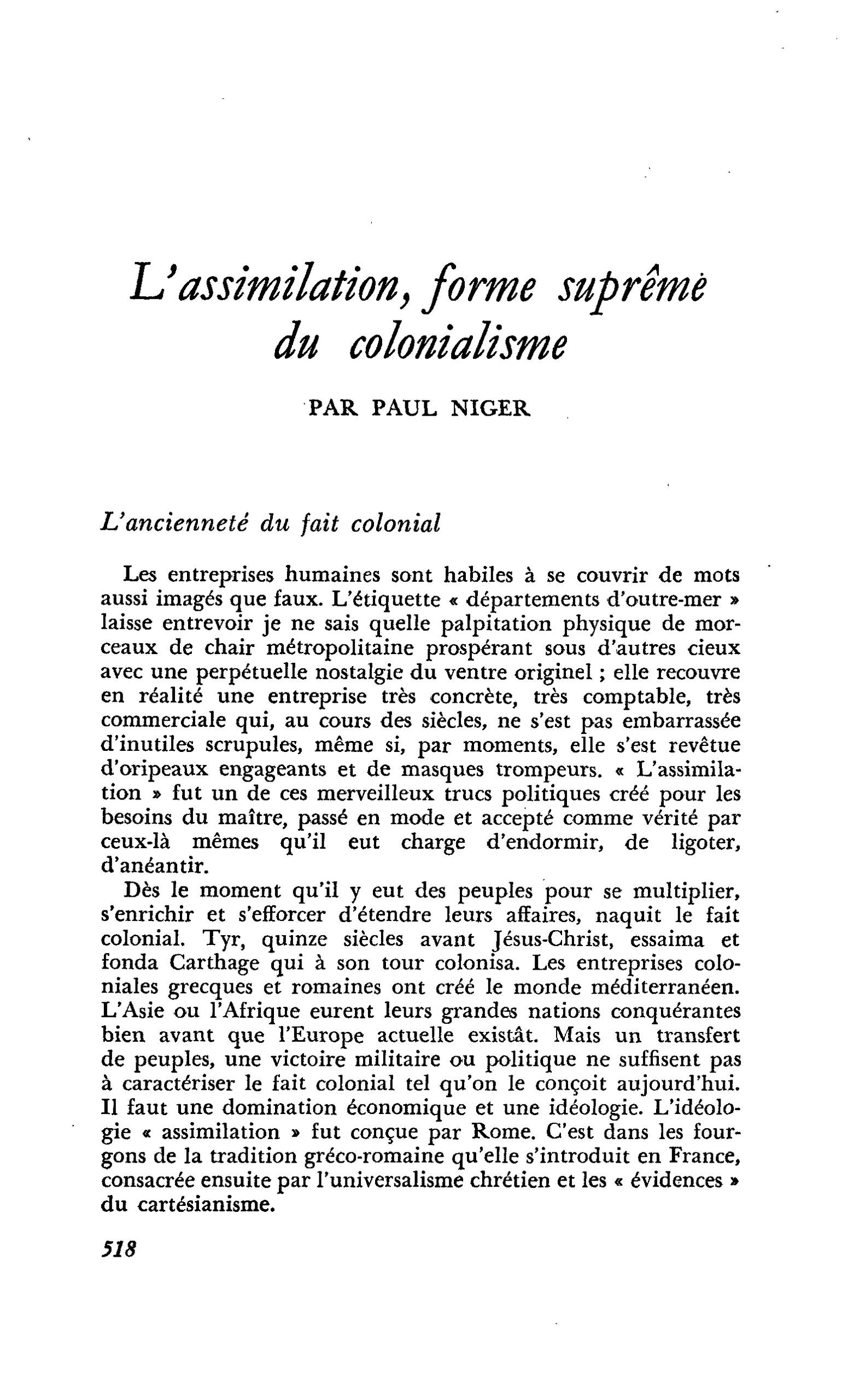 L’assimilation, forme suprême du colonialisme