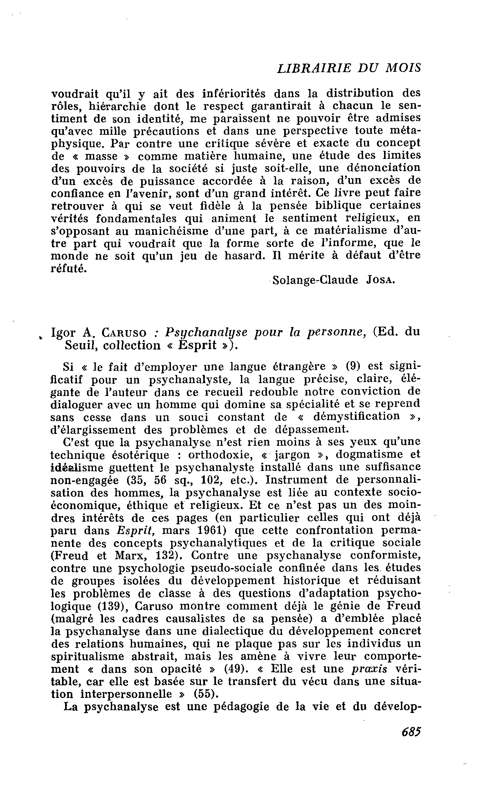 Igor A. Caruso : Psychanalyse pour la personne