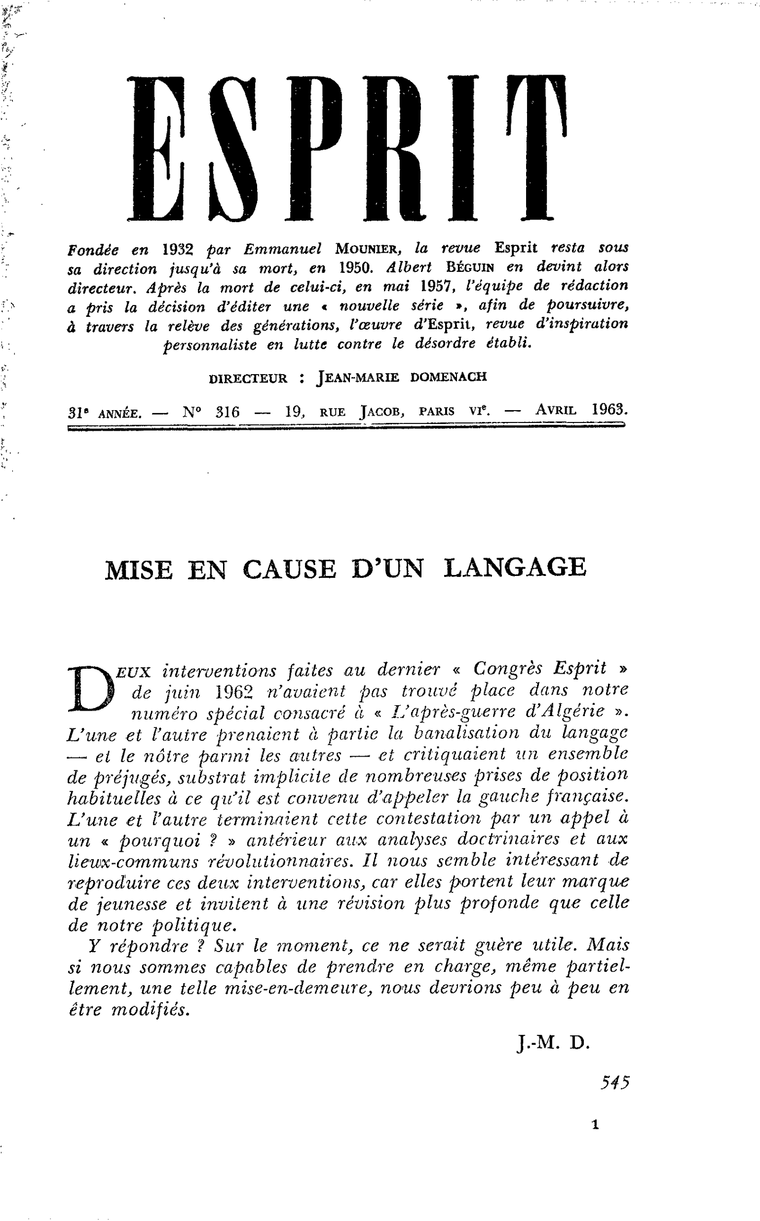 MISE EN CAUSE D’UN LANGAGE