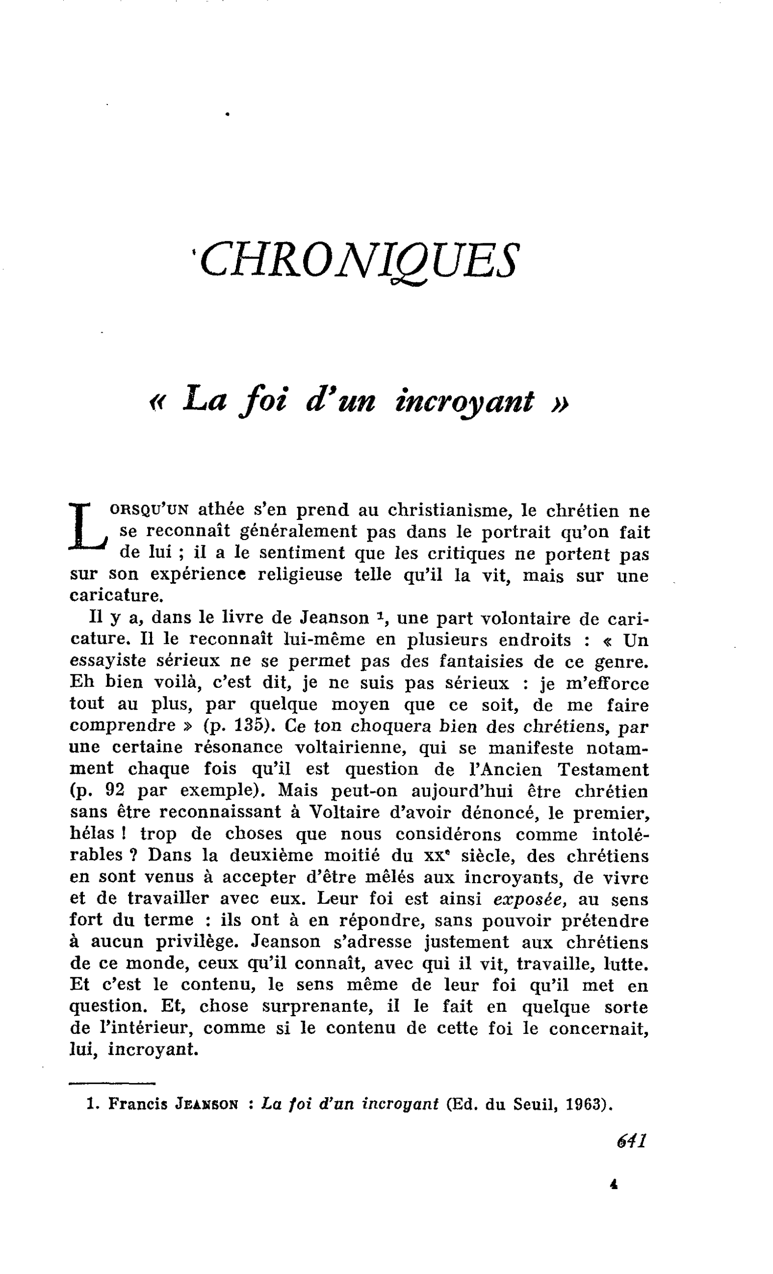 « La foi d’un incroyant »