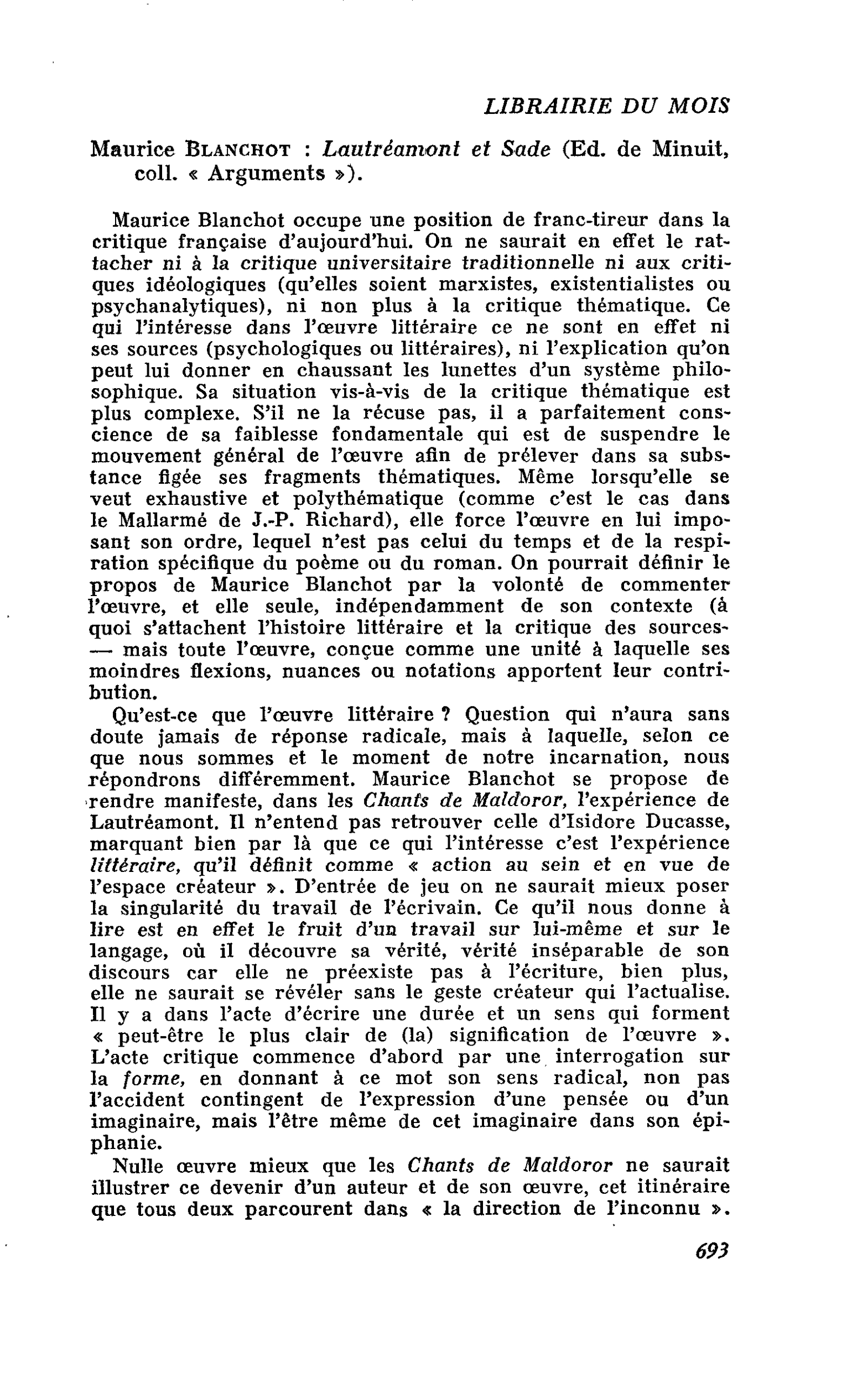 Maurice Blanchot : Lautréamont et Sade