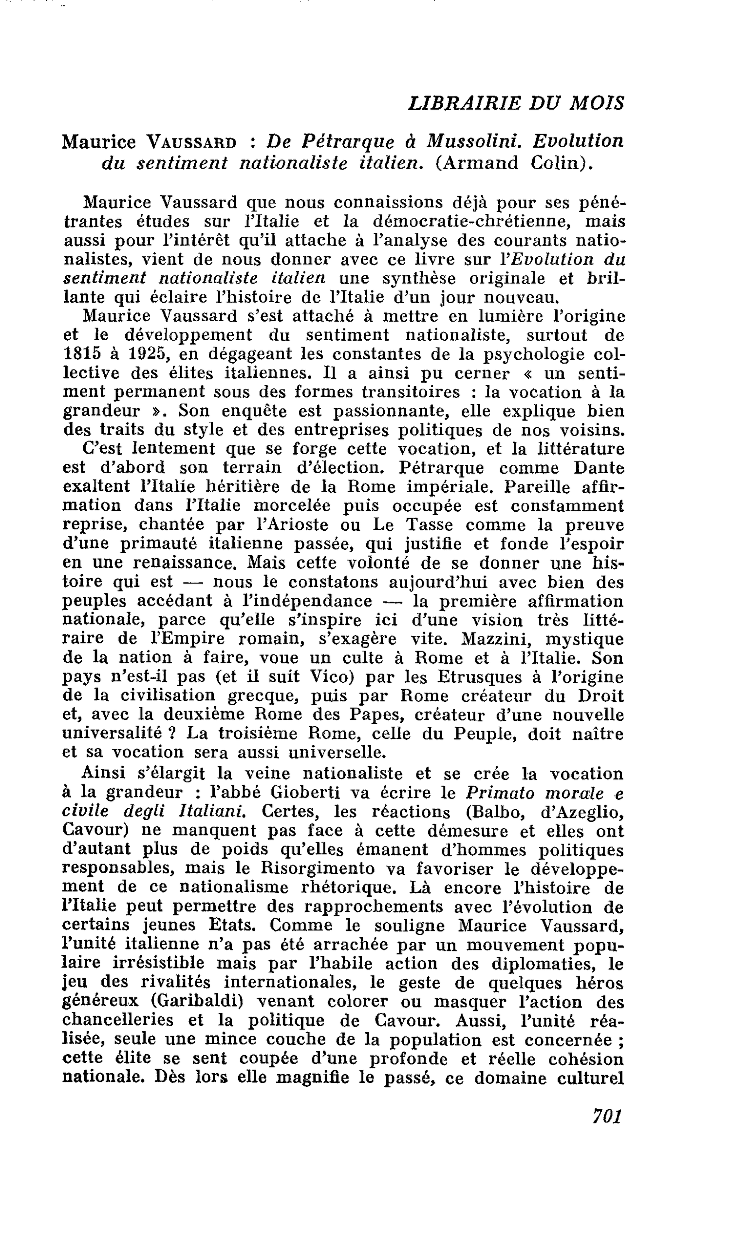 Maurice Vaussard : De Pétrarque à Mussolini. Evolution du sentiment nationaliste italien
