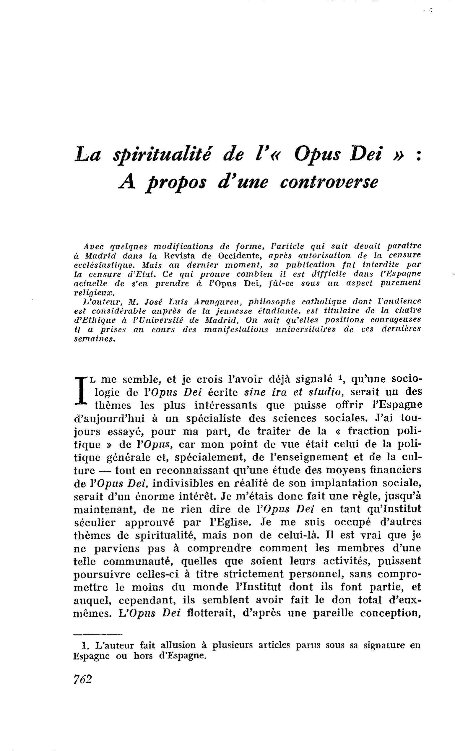 La spiritualité de l’« Opus Dei » : A propos d’une controverse