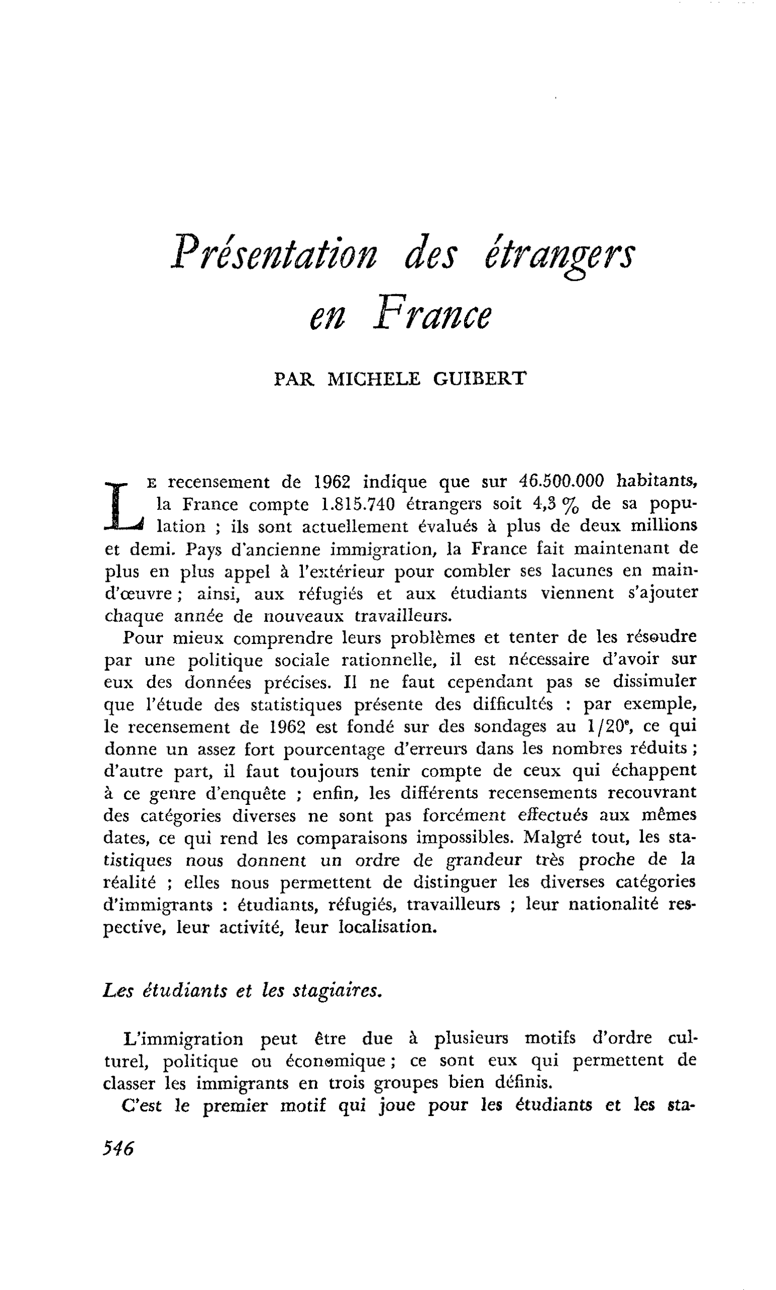 Présentation des étrangers en France