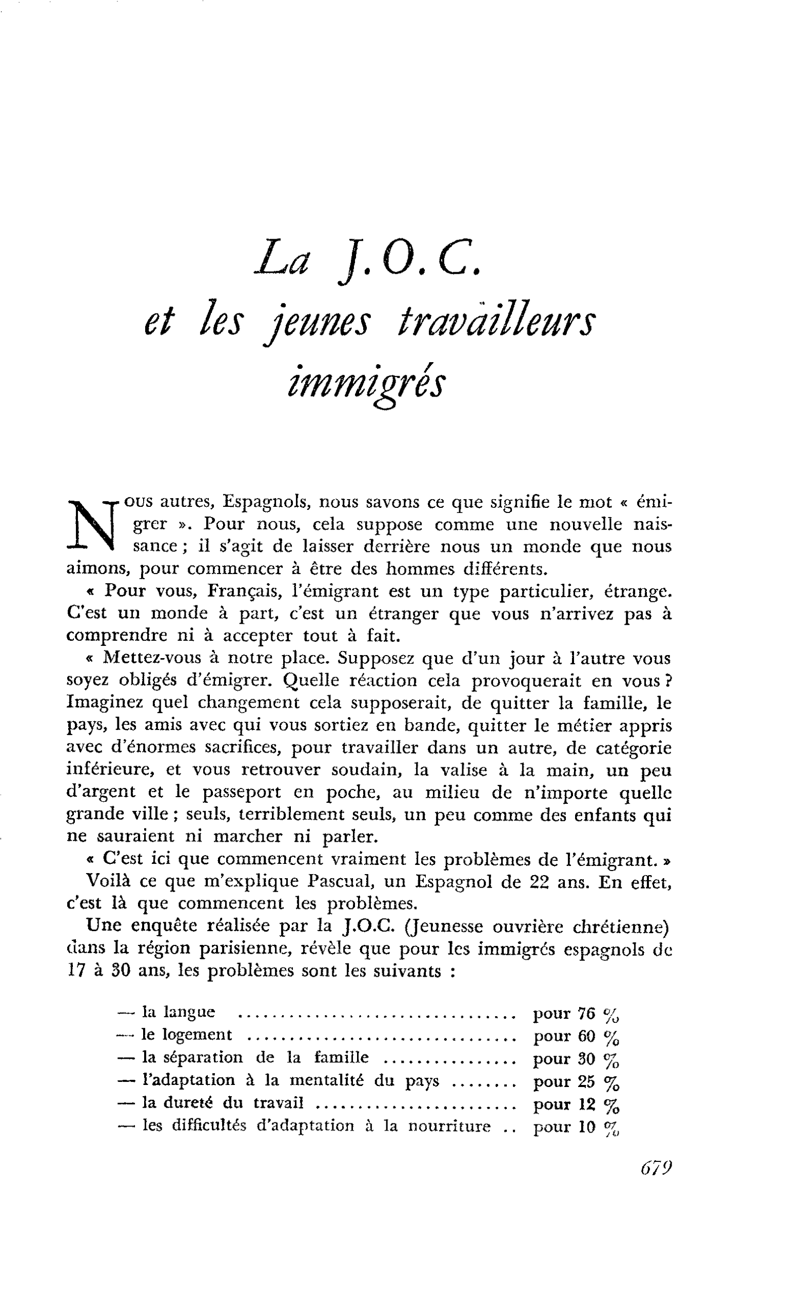 La J. O. C. et les jeunes travailleurs immigrés