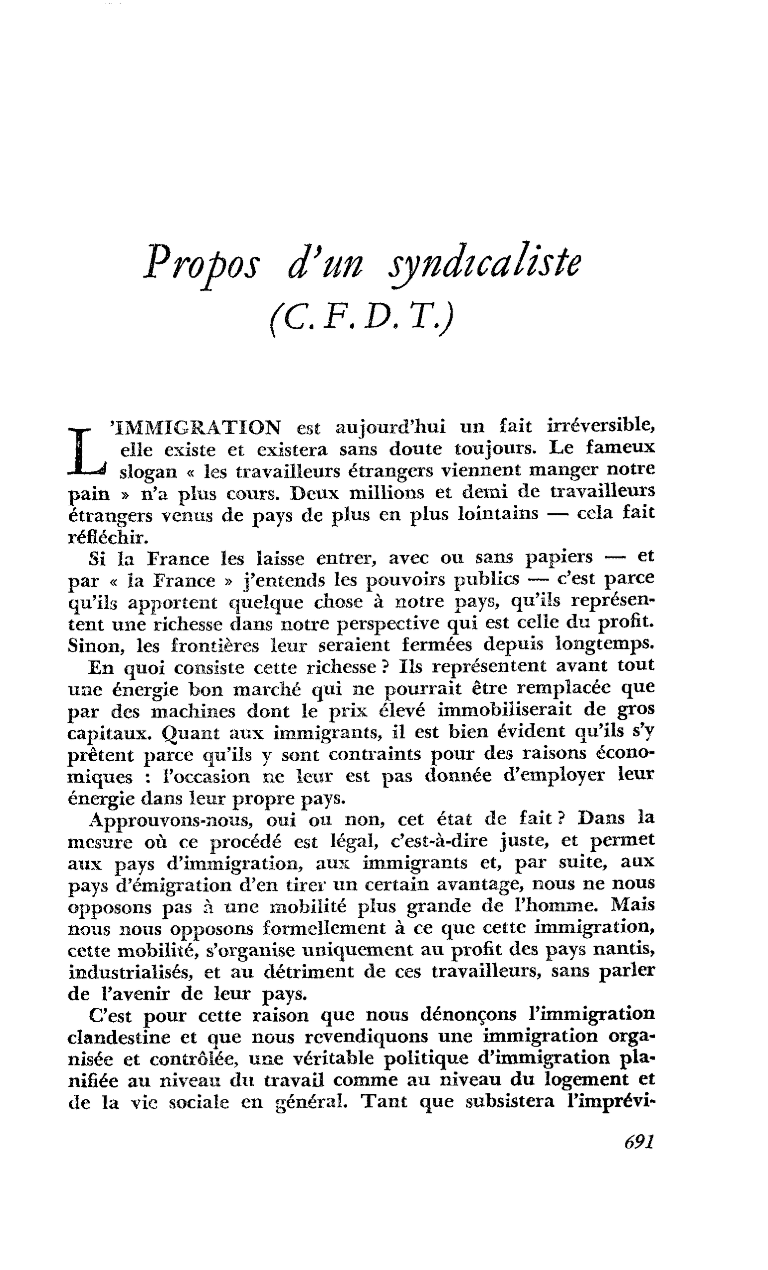 Propos d’un syndicaliste (C. F. D. T.)