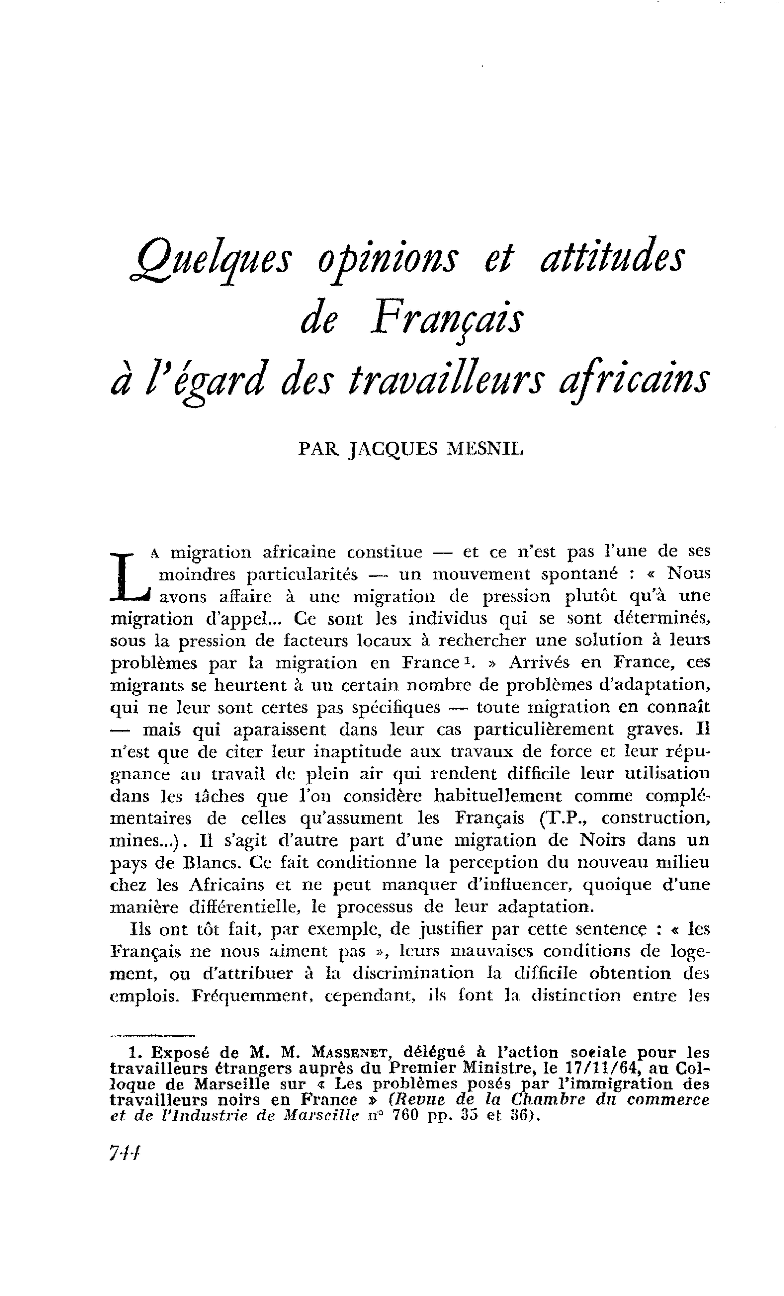 Quelques opinions et attitudes de Français à l’égard des travailleurs africains