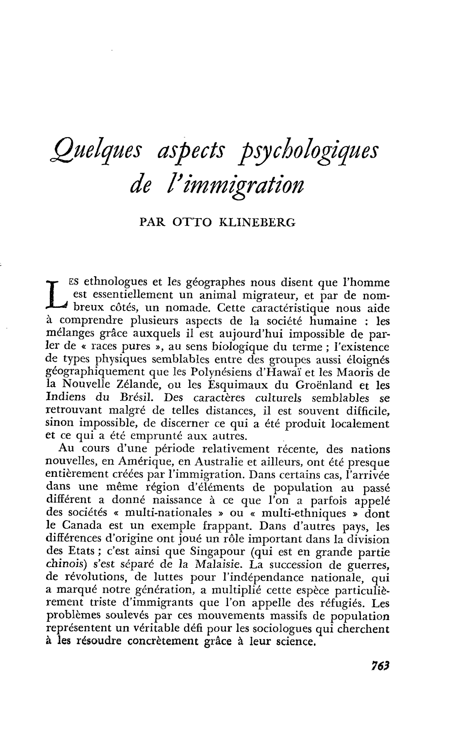 Quelques aspects psychologiques de l’immigration