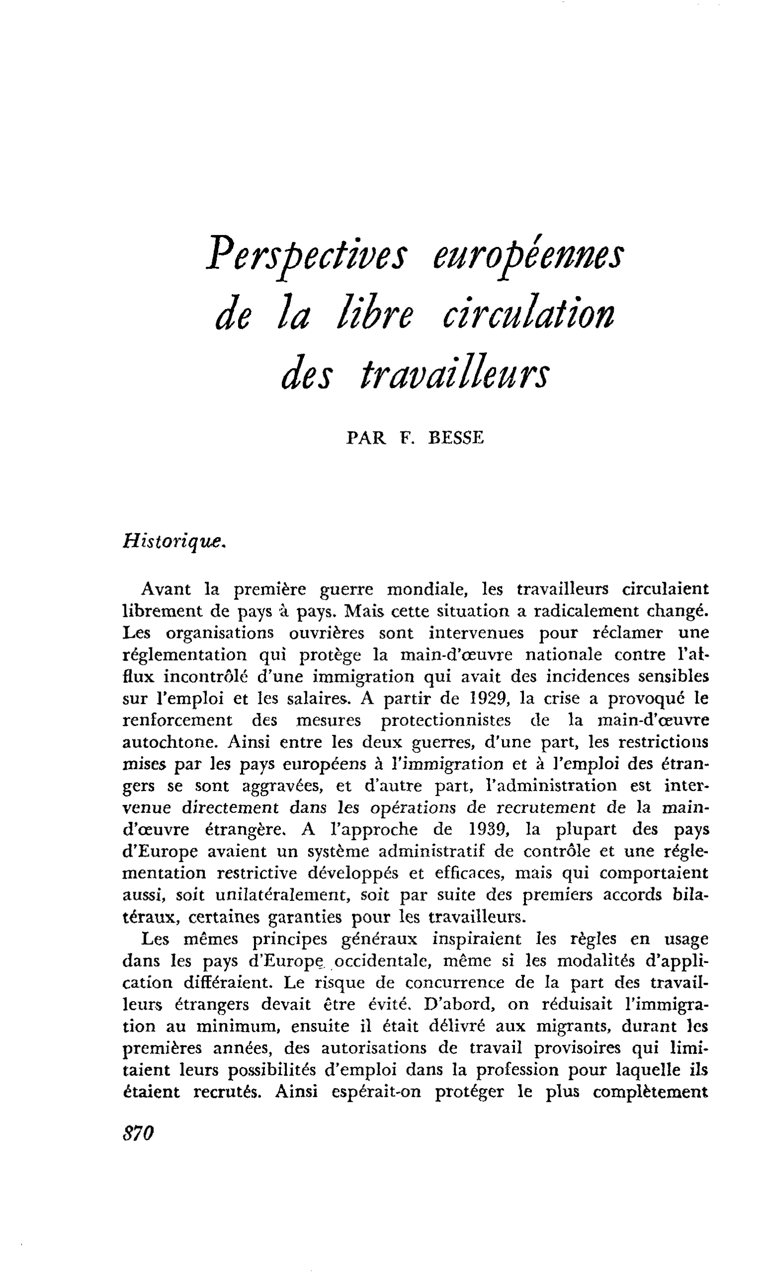 Perspectives européennes de la libre circulation des travailleurs