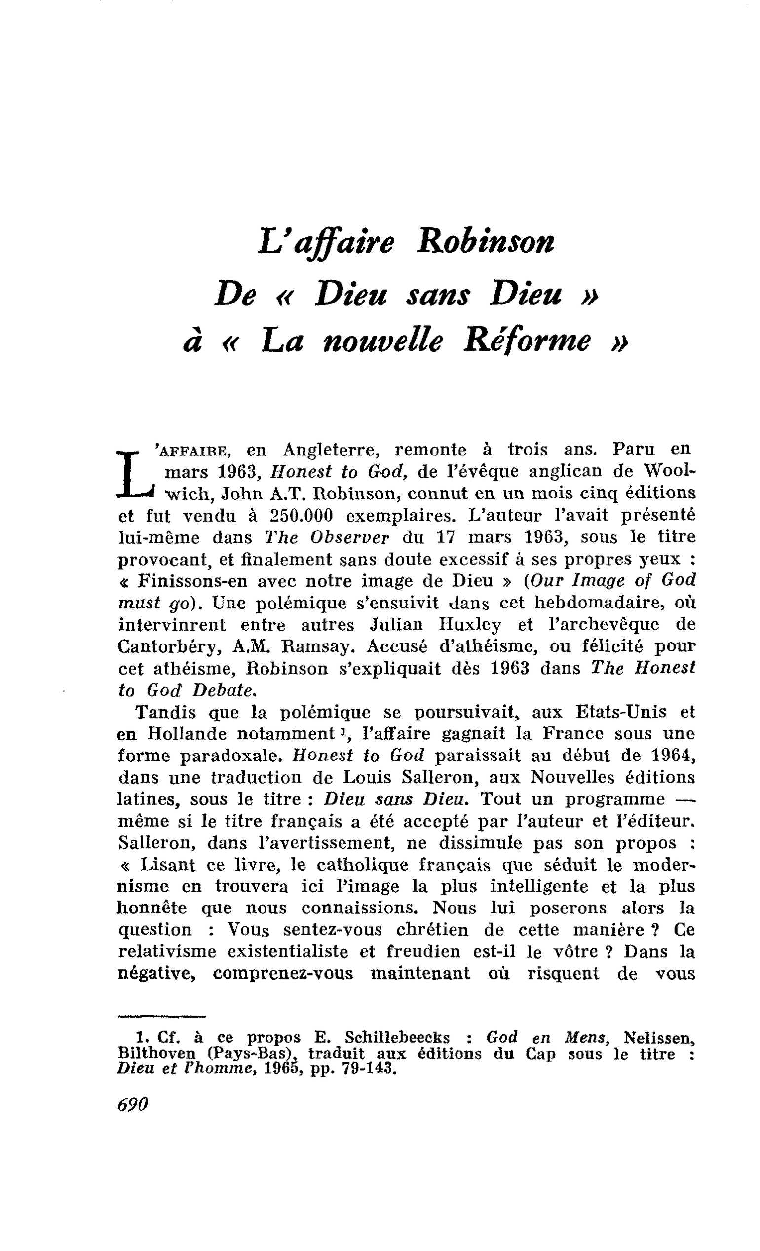 L’affaire Robinson. De « Dieu sans Dieu » à « La nouvelle Réforme »