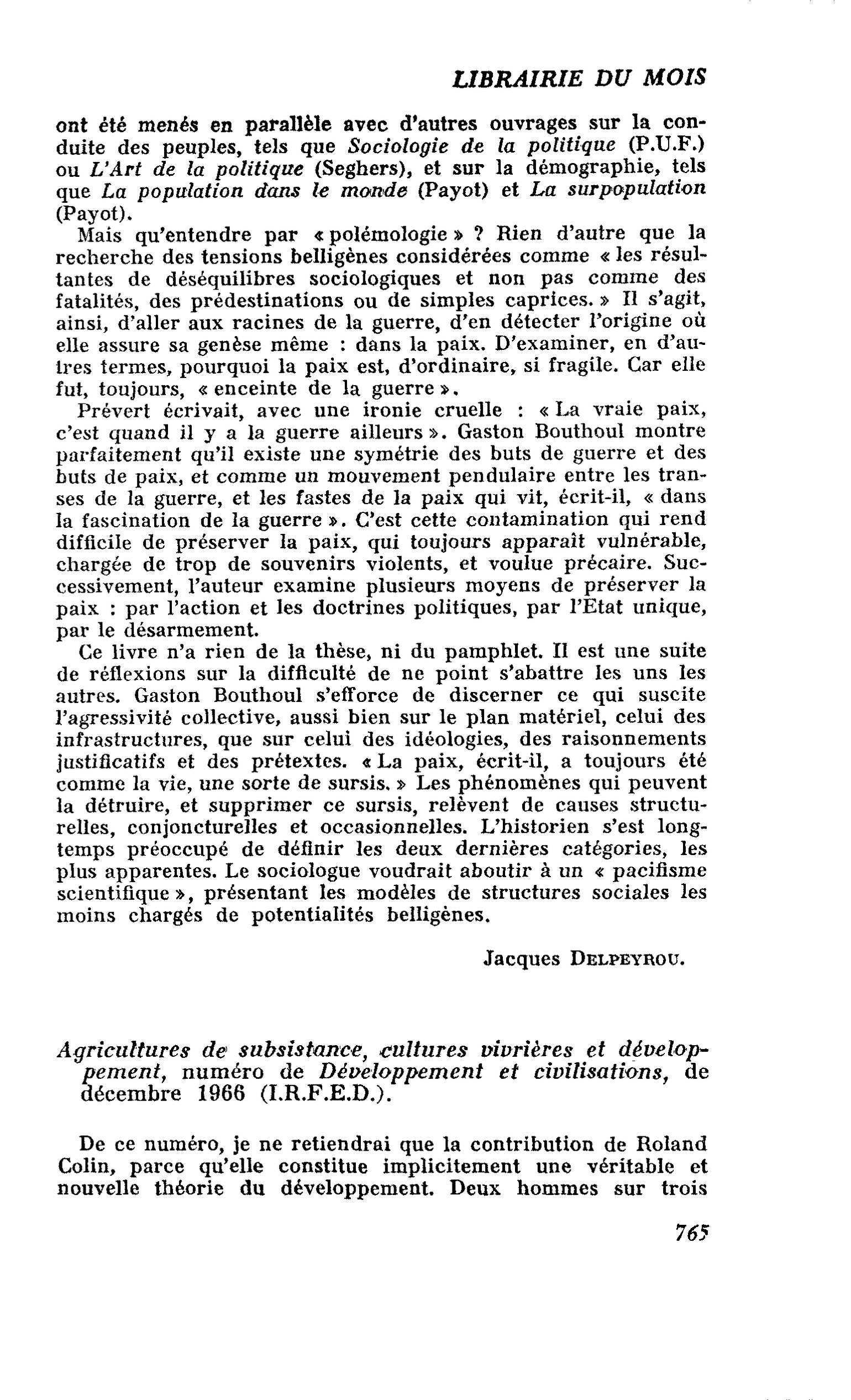 Agricultures de subsistance, cultures vivrières et développement, numéro de Développement et civilisations, de décembre 1966 (I.R.F.E.D.)