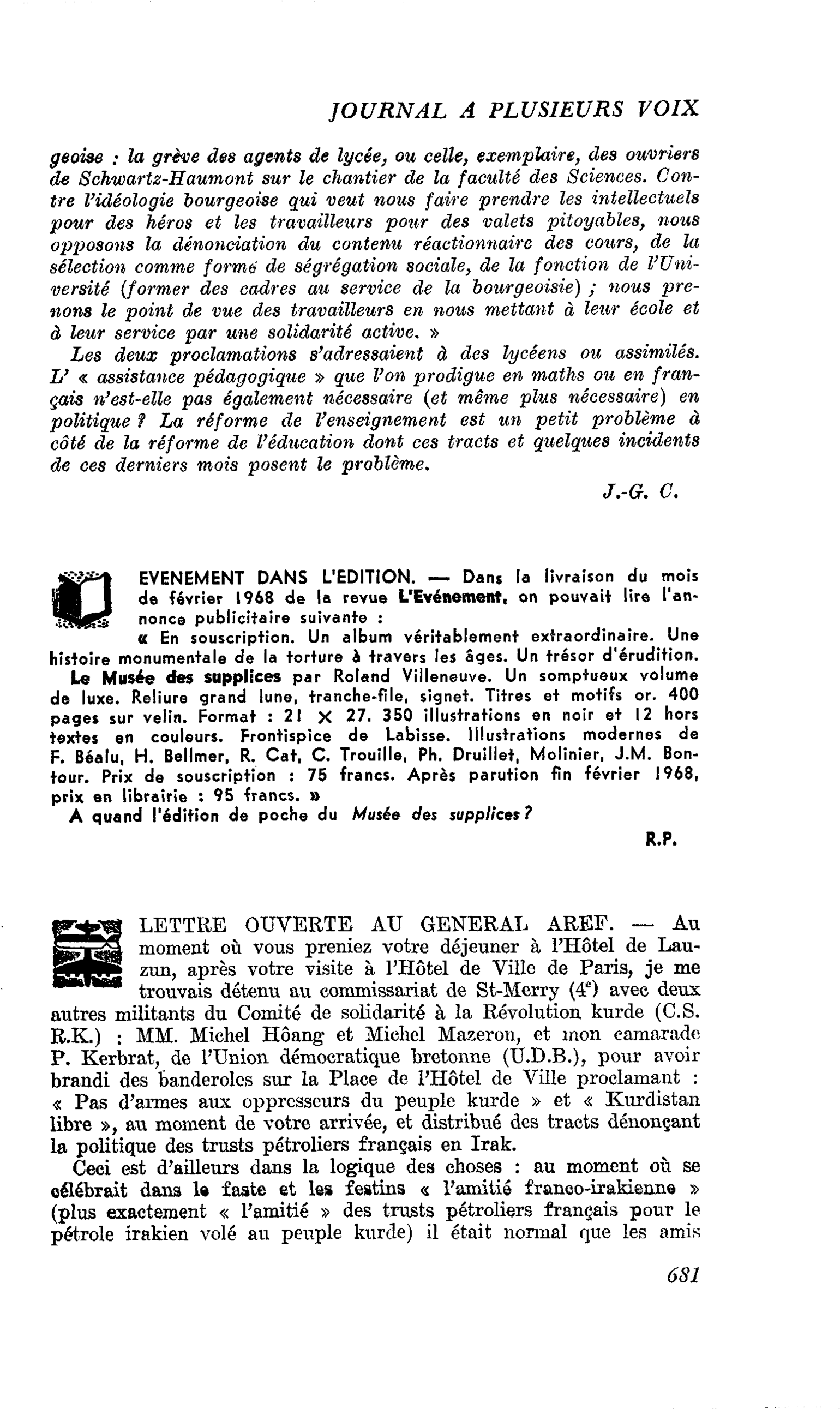 LETTRE OUVERTE AU GENERAL AREF