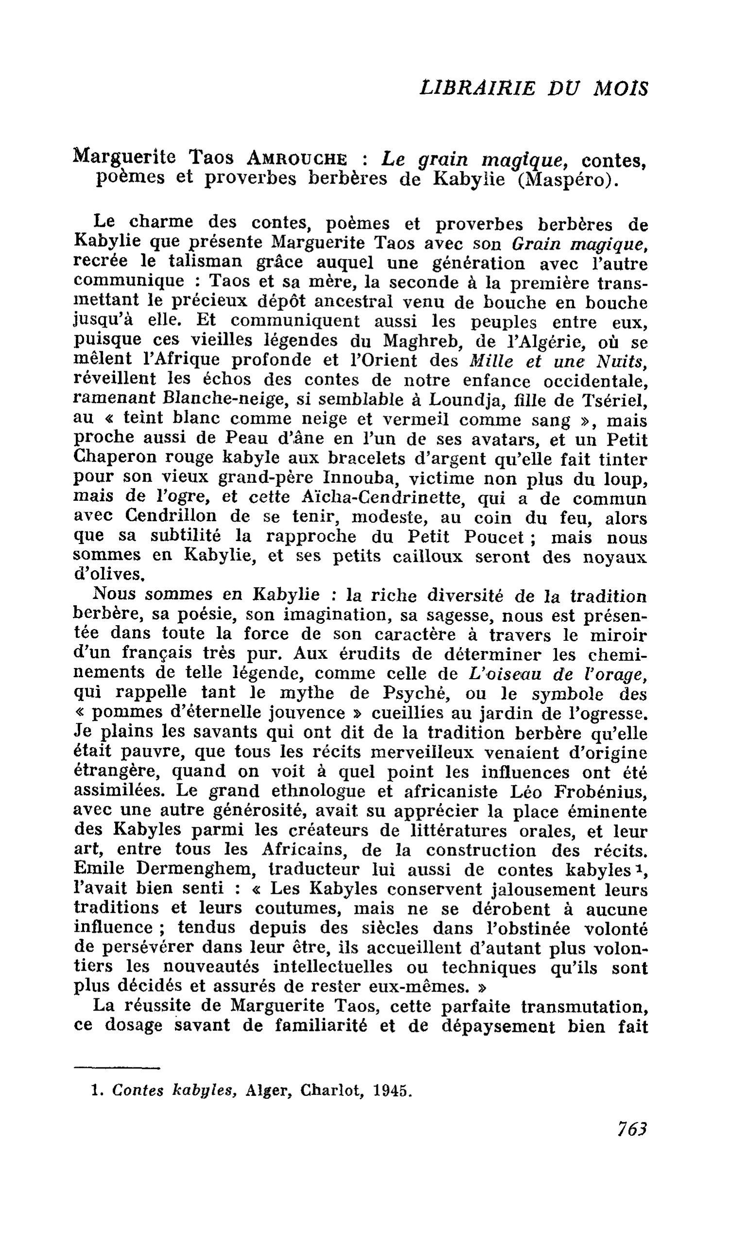 Marguerite Taos Amrouche : Le grain magique, contes, poèmes et proverbes berbères de Kabylie