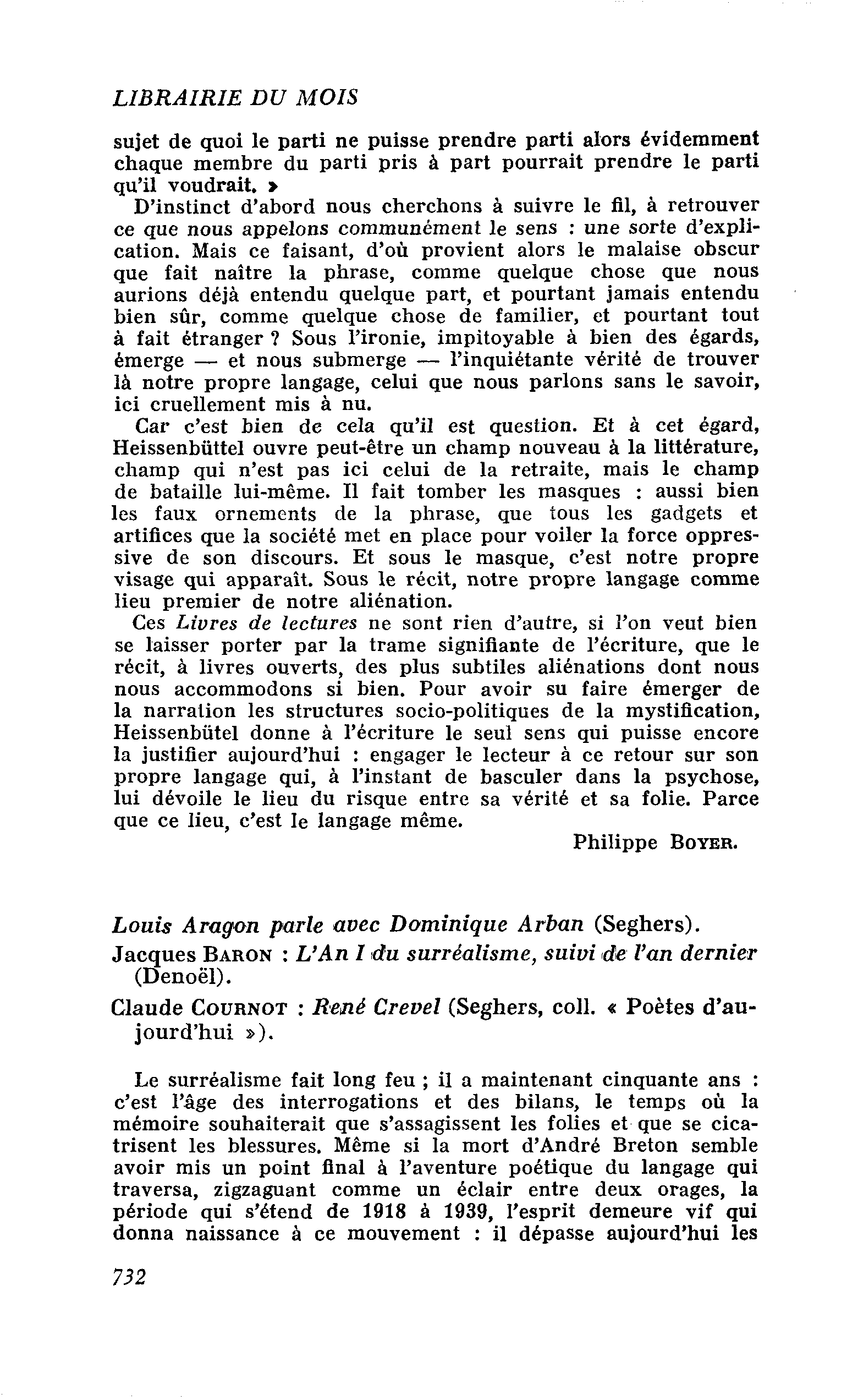 Louis Aragon parle avec Dominique Arban. Jacques Baron : L’An I du surréalisme, suivi de l’an dernier. Claude Cournot : René Crevel