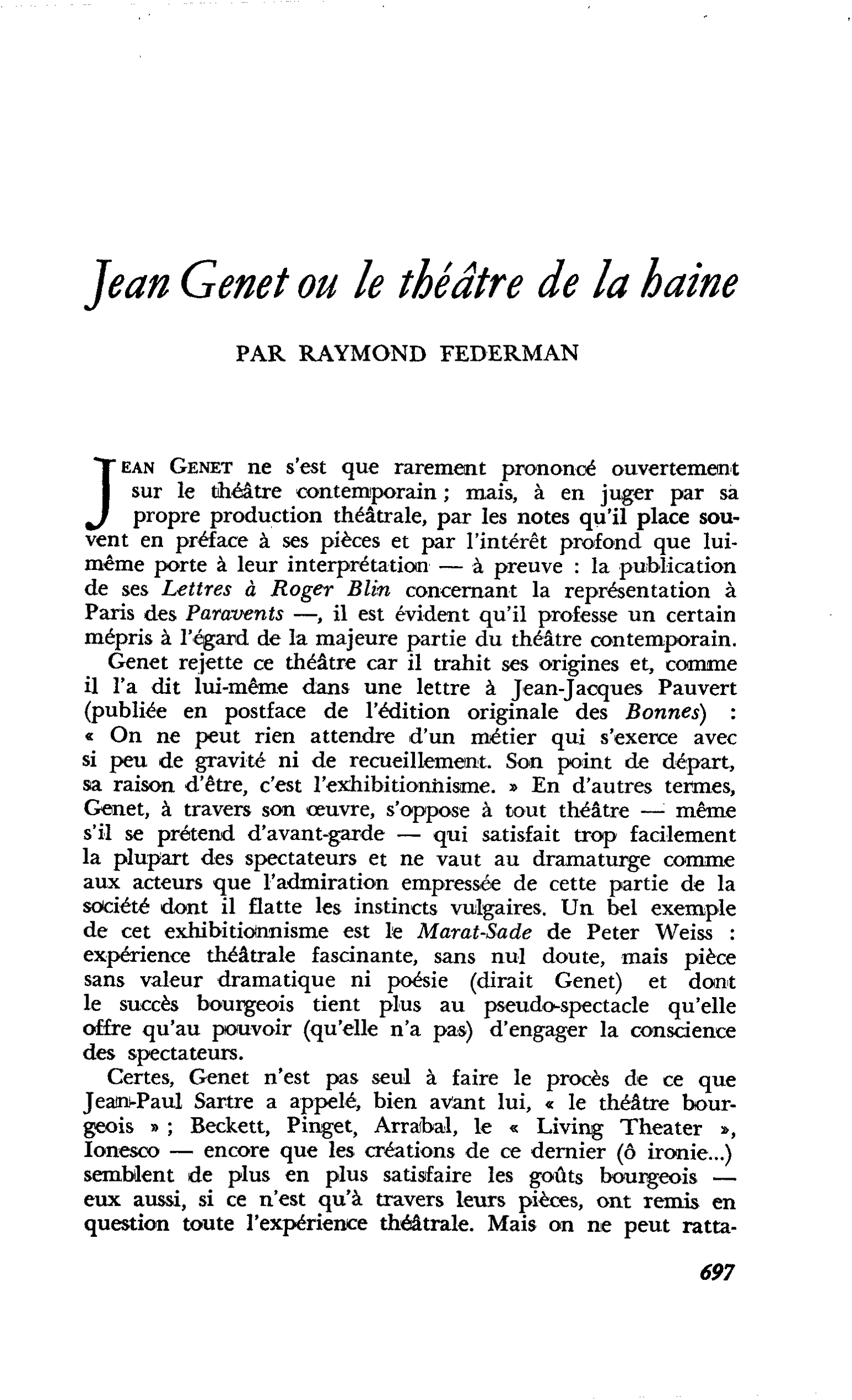 Jean Genêt ou le théâtre de la haine