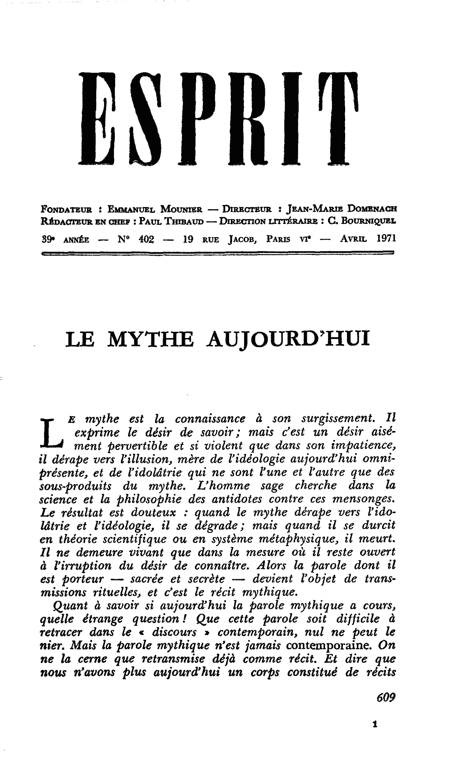 LE MYTHE AUJOURD’HUI