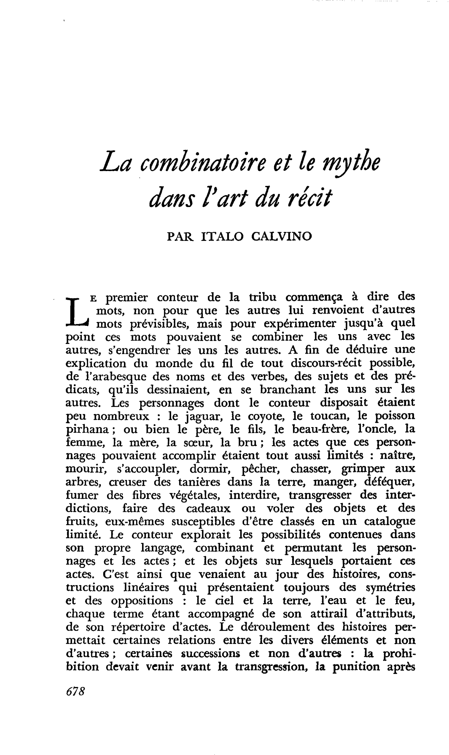 La combinatoire et le mythe dans l’art du récit