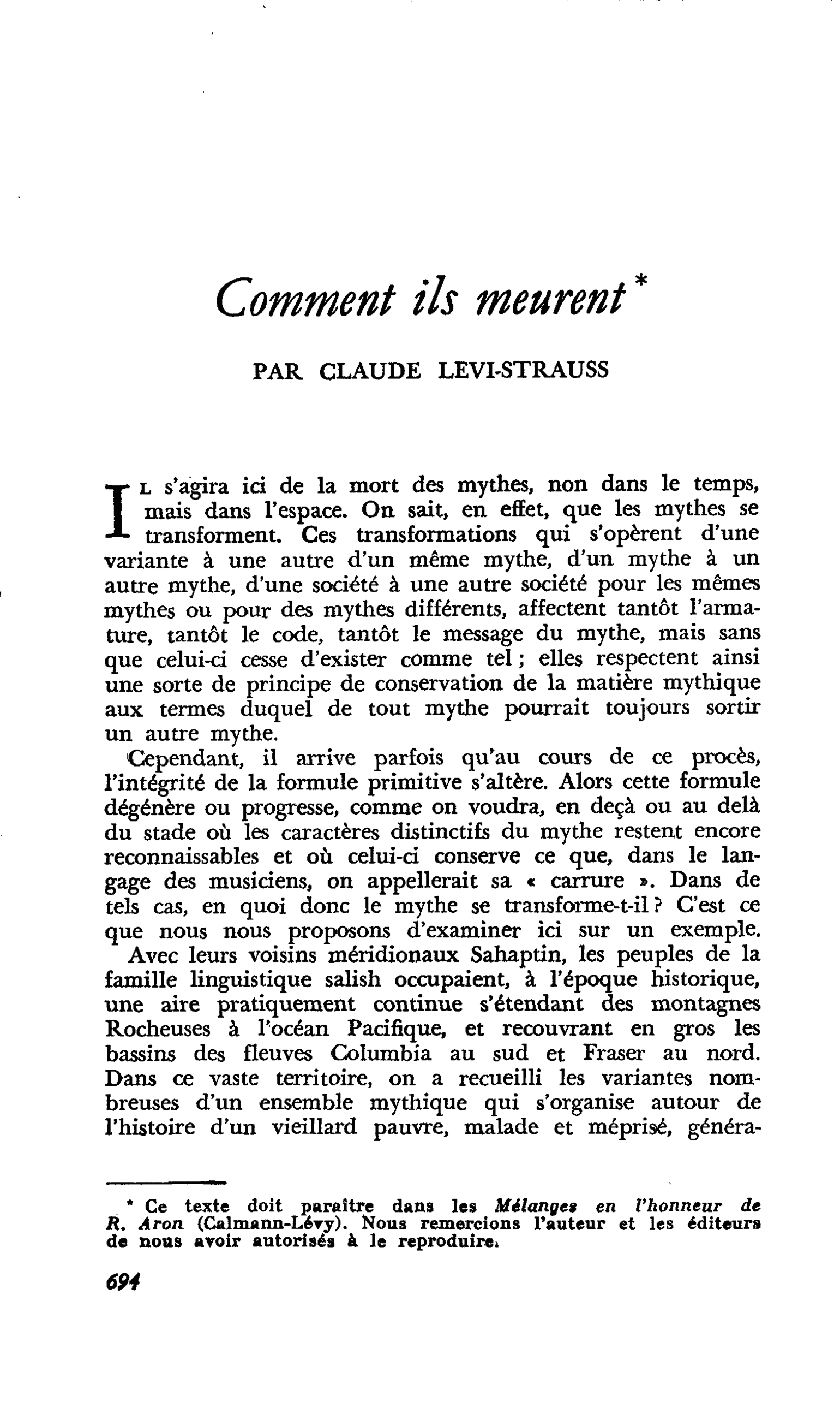 Comment ils meurent - Claude Lévi-Strauss (Le mythe aujourd’hui)