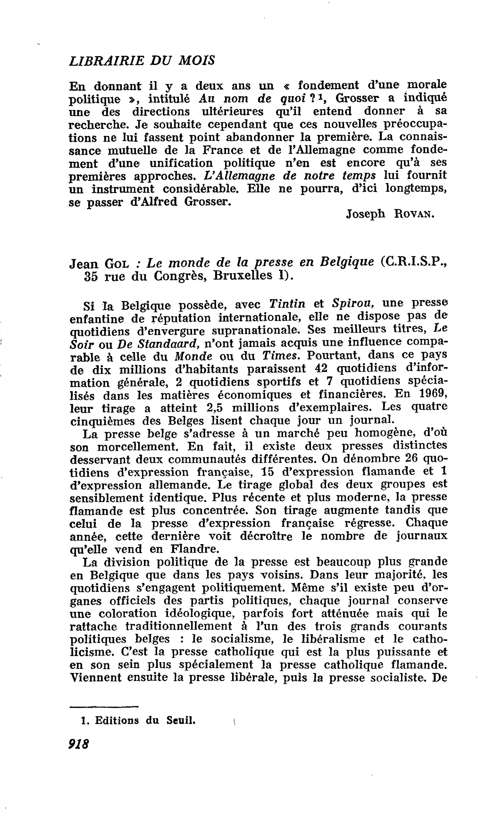 Jean Gol : Le monde de la presse en Belgique