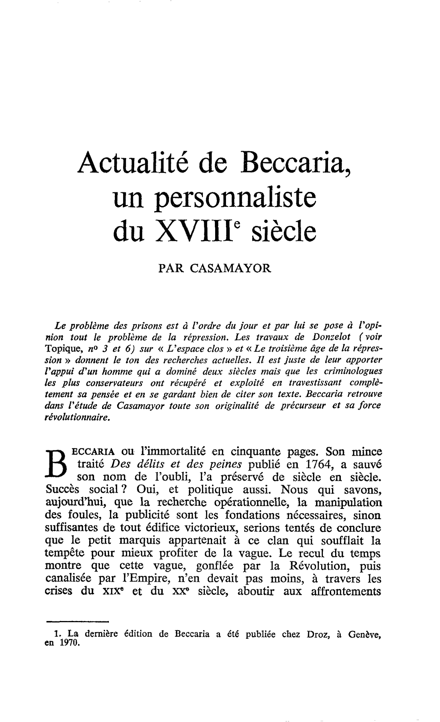 Actualité de Beccaria, un personnaliste du XVIIIe siècle