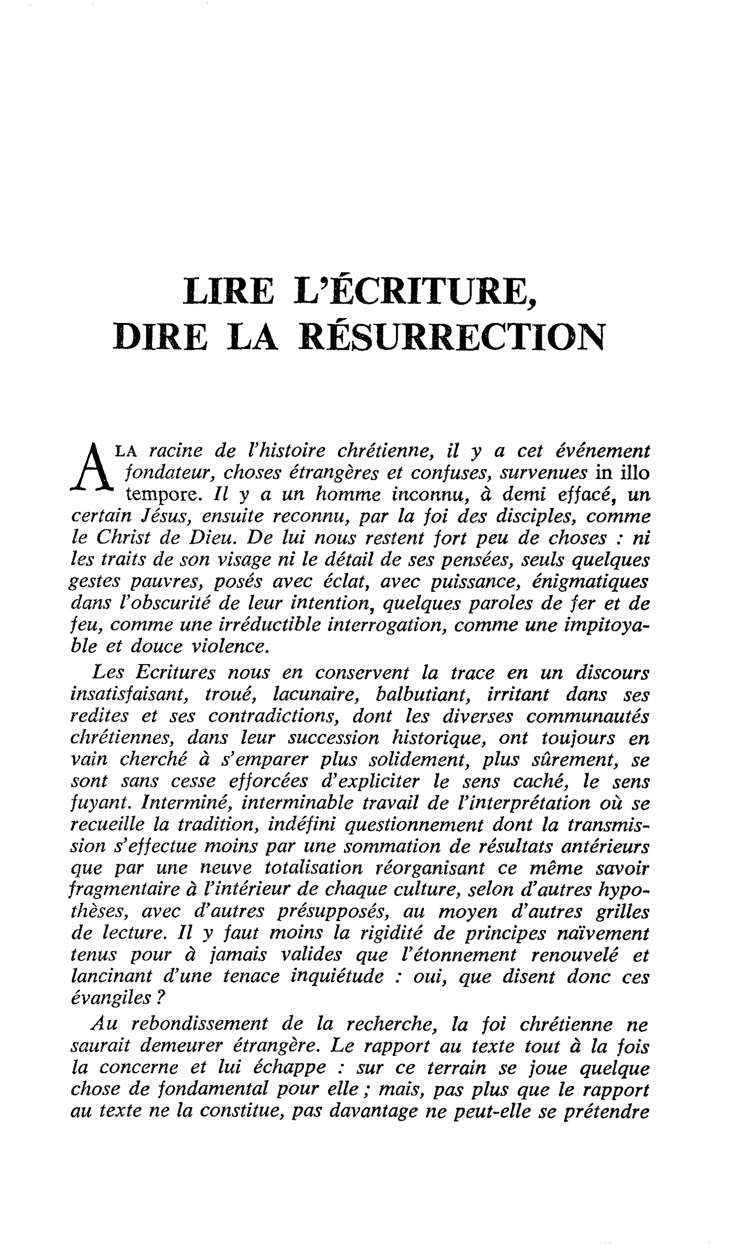 LIRE L’ÉCRITURE, DIRE LA RÉSURRECTION