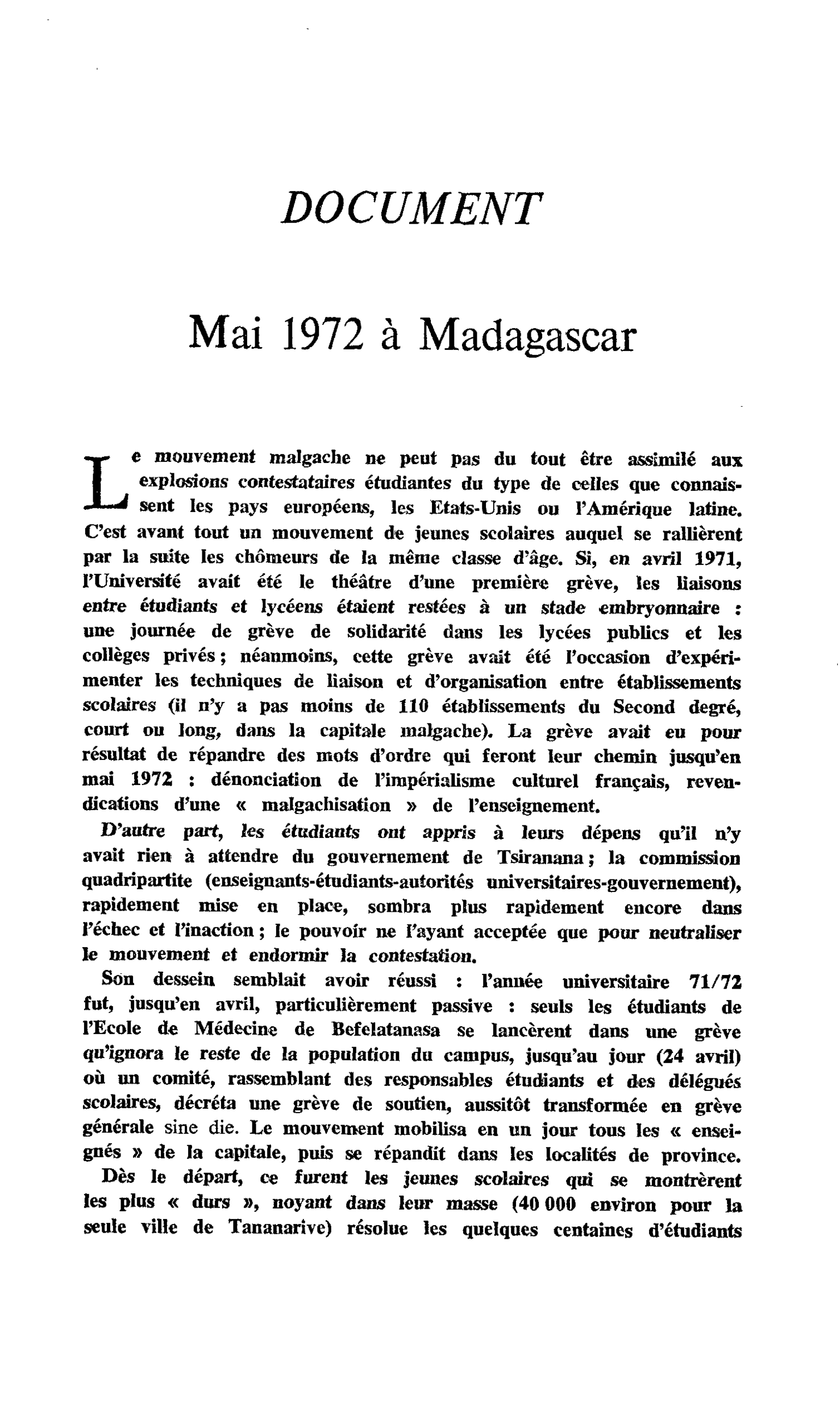 Mai 1972 à Madagascar