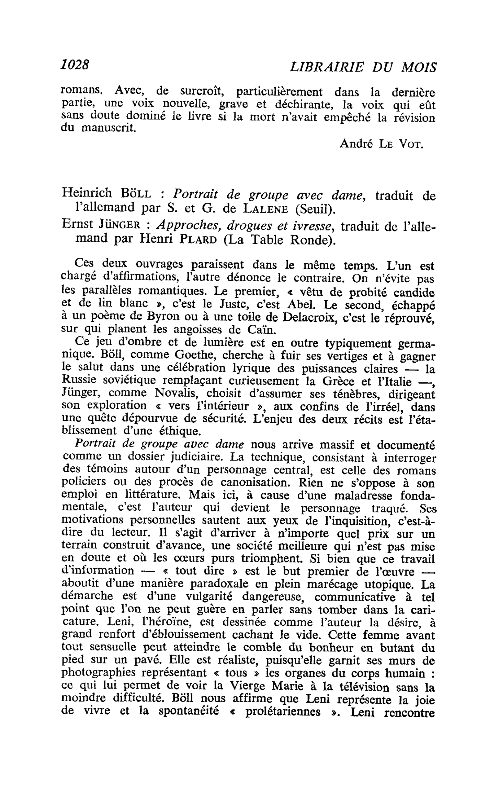 Heinrich BÖll : Portrait de groupe avec dame. Ernst Jünger : Approches, drogues et ivresse