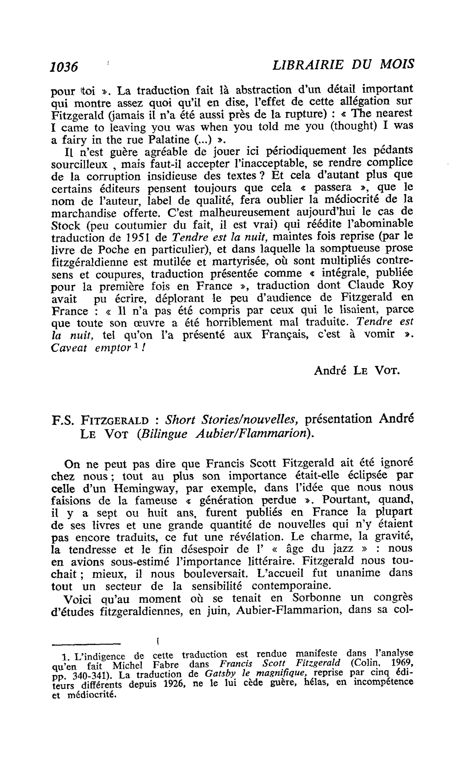 F.S. Fitzgerald : Short Stories/nouvelles, présentation André Le Vot
