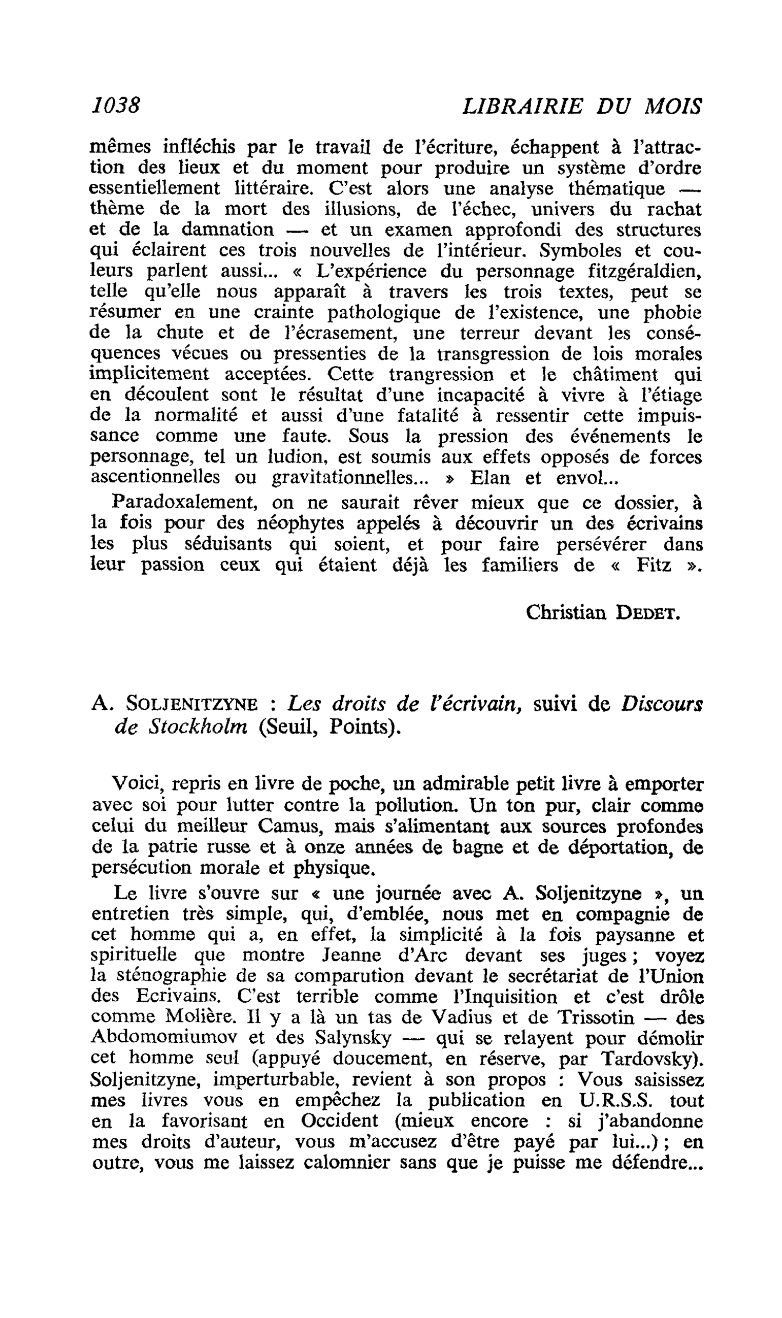A. Soljenitzyne : Les droits de l’écrivain, suivi de Discours de Stockholm