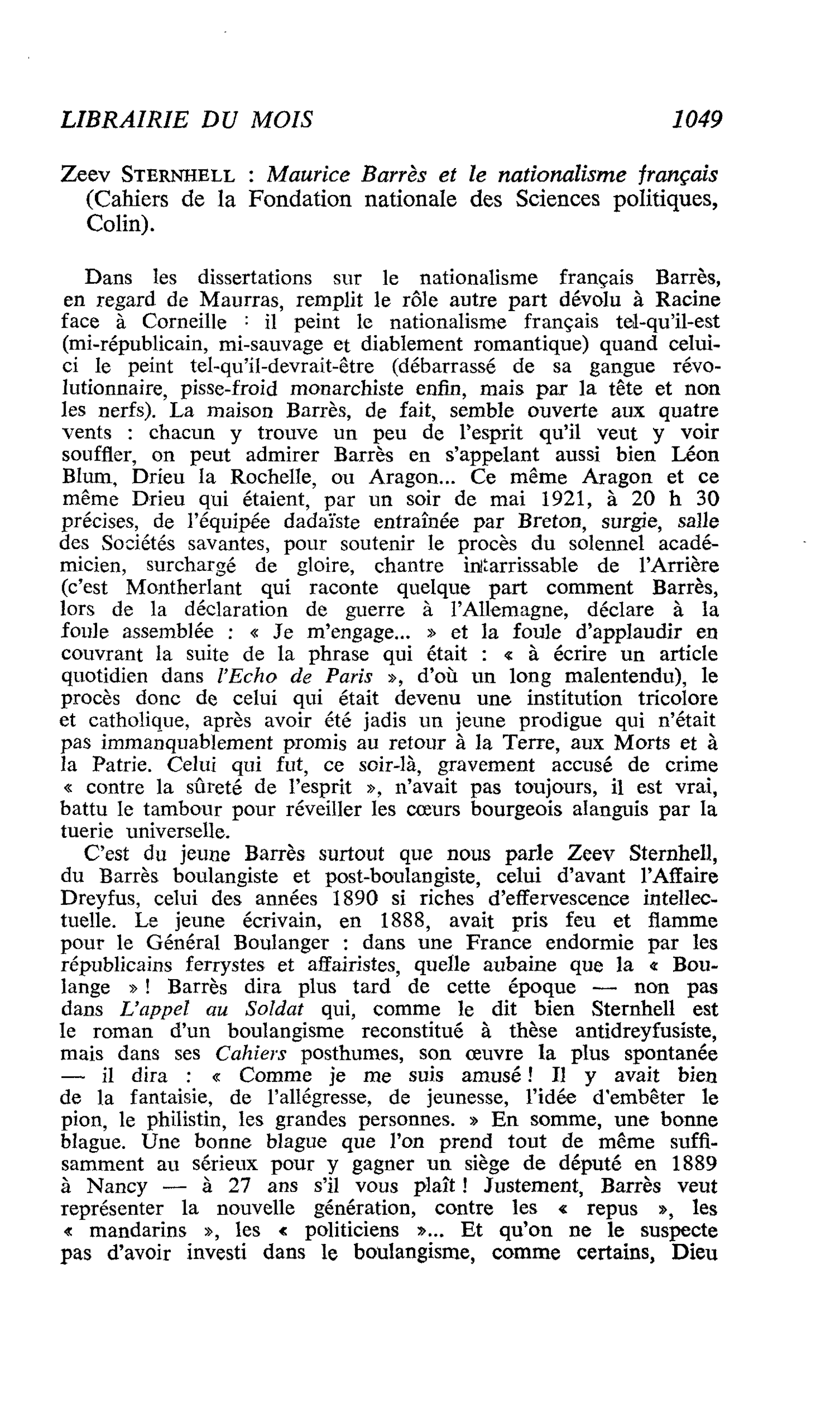Zeev Sternhell : Maurice Barrés et le nationalisme français