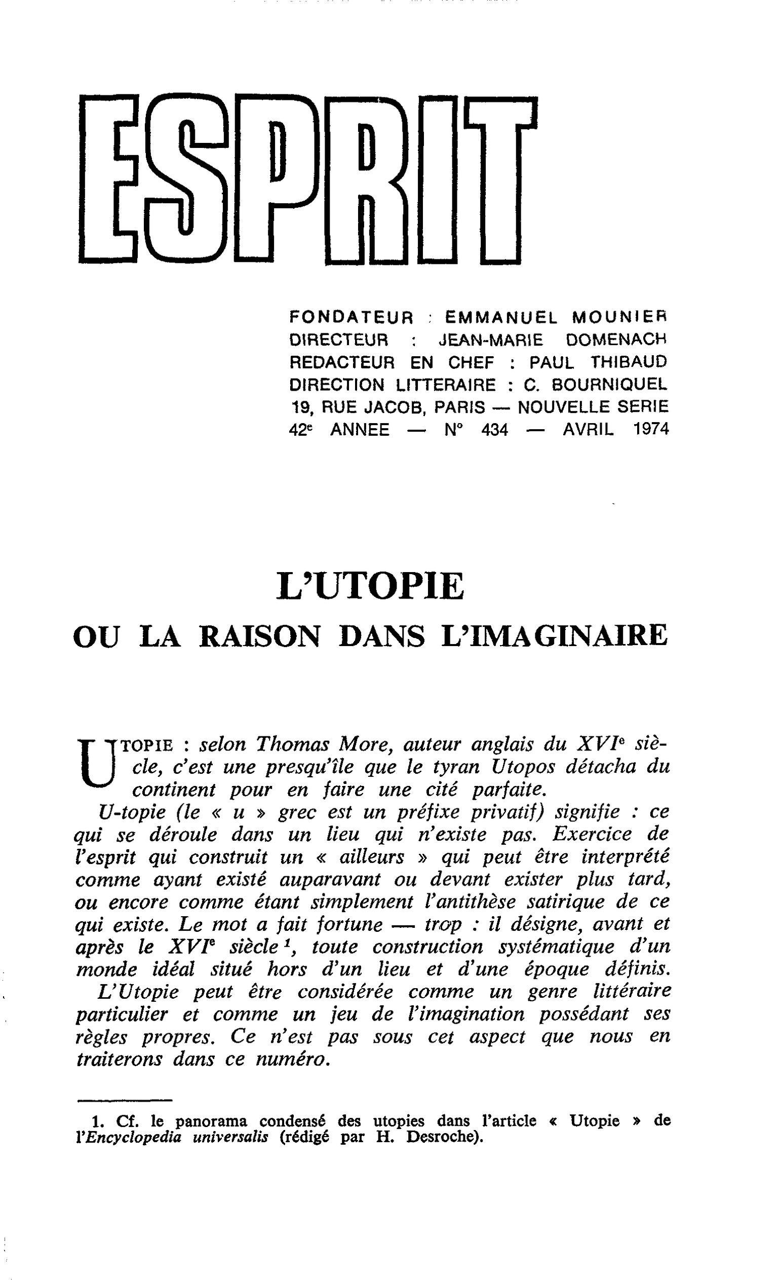 L’UTOPIE OU LA RAISON DANS L’IMAGINAIRE