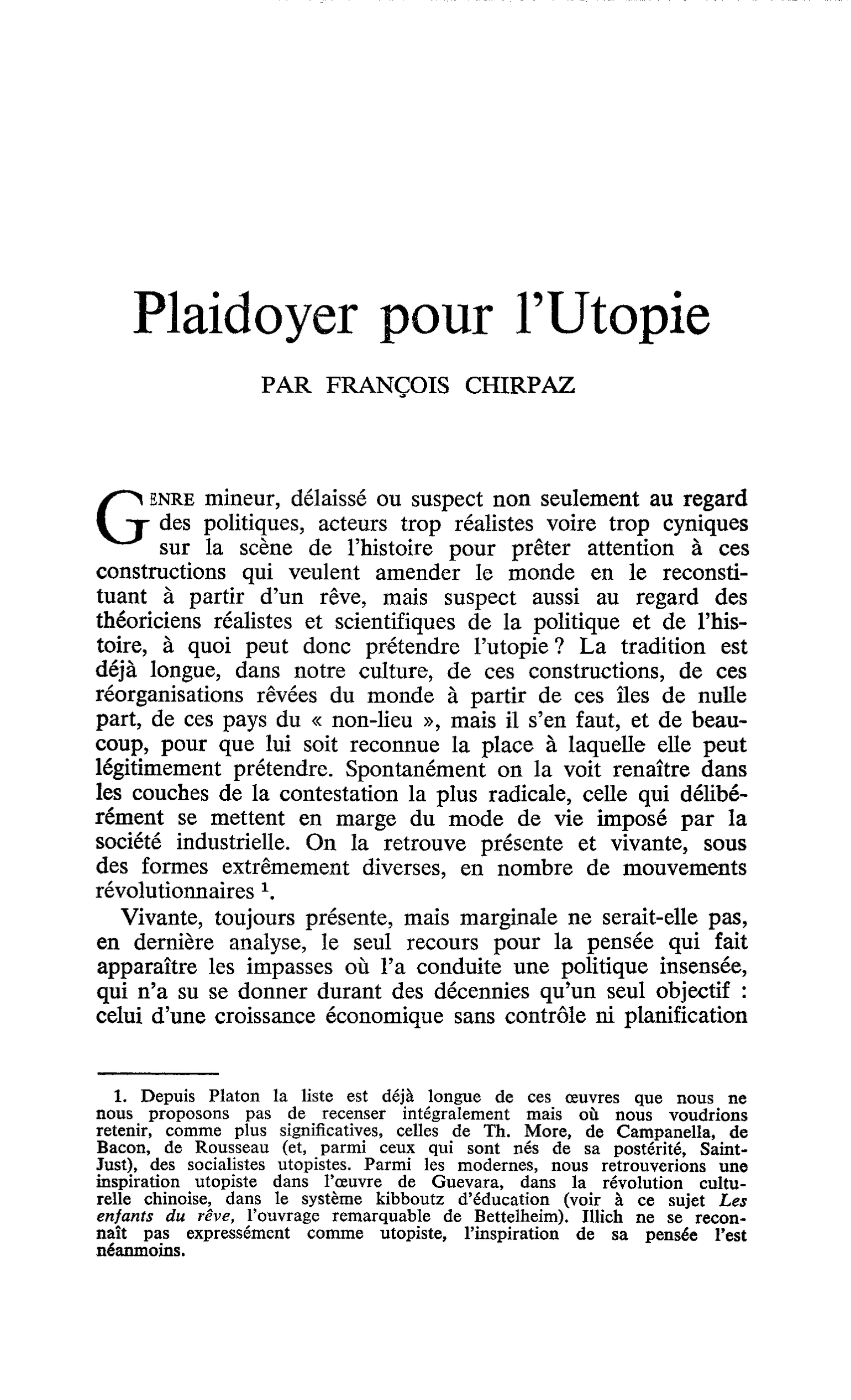 Plaidoyer pour l’Utopie