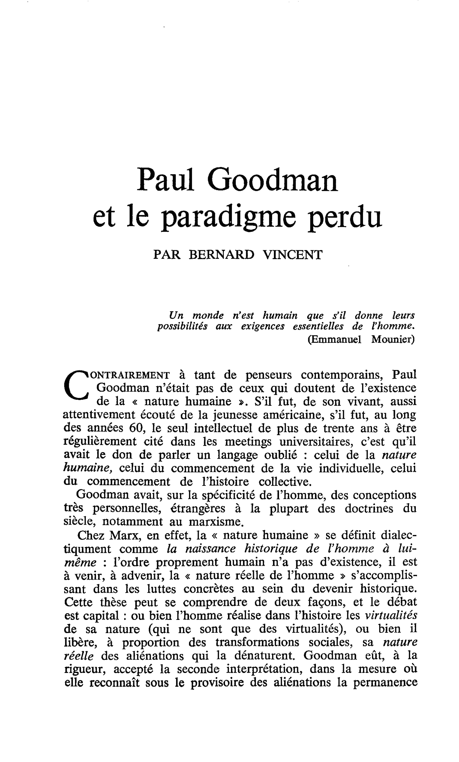 Paul Goodman et le paradigme perdu