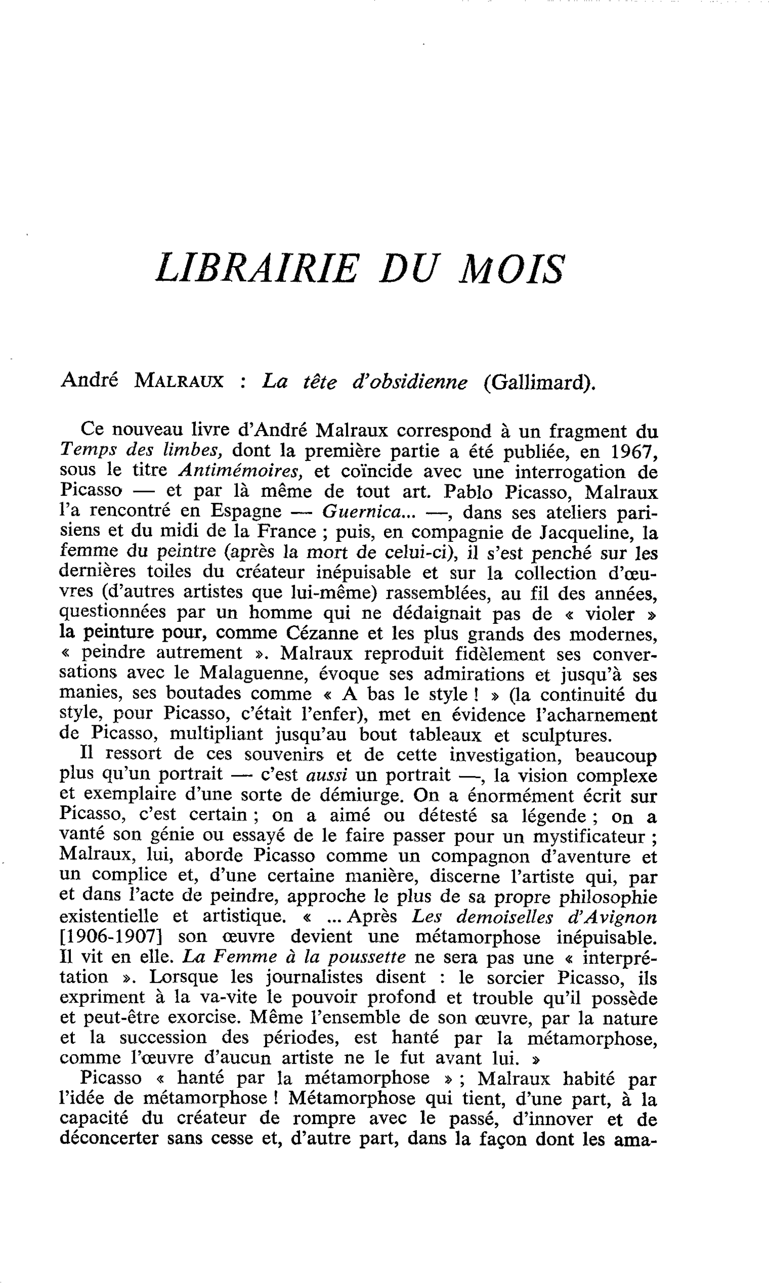 André Malraux : La tête d’obsidienne