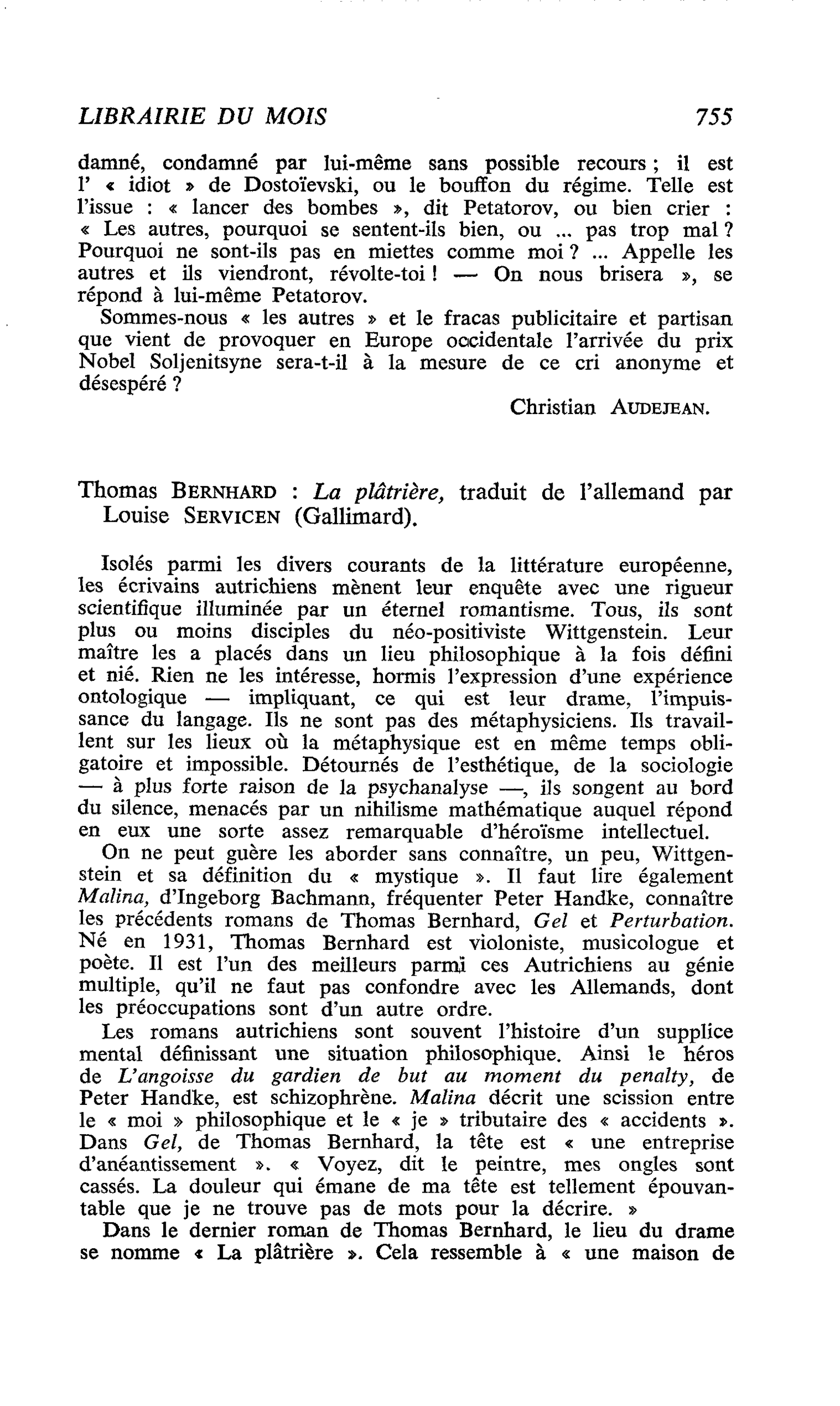 Thomas Bernhard : La plâtrière
