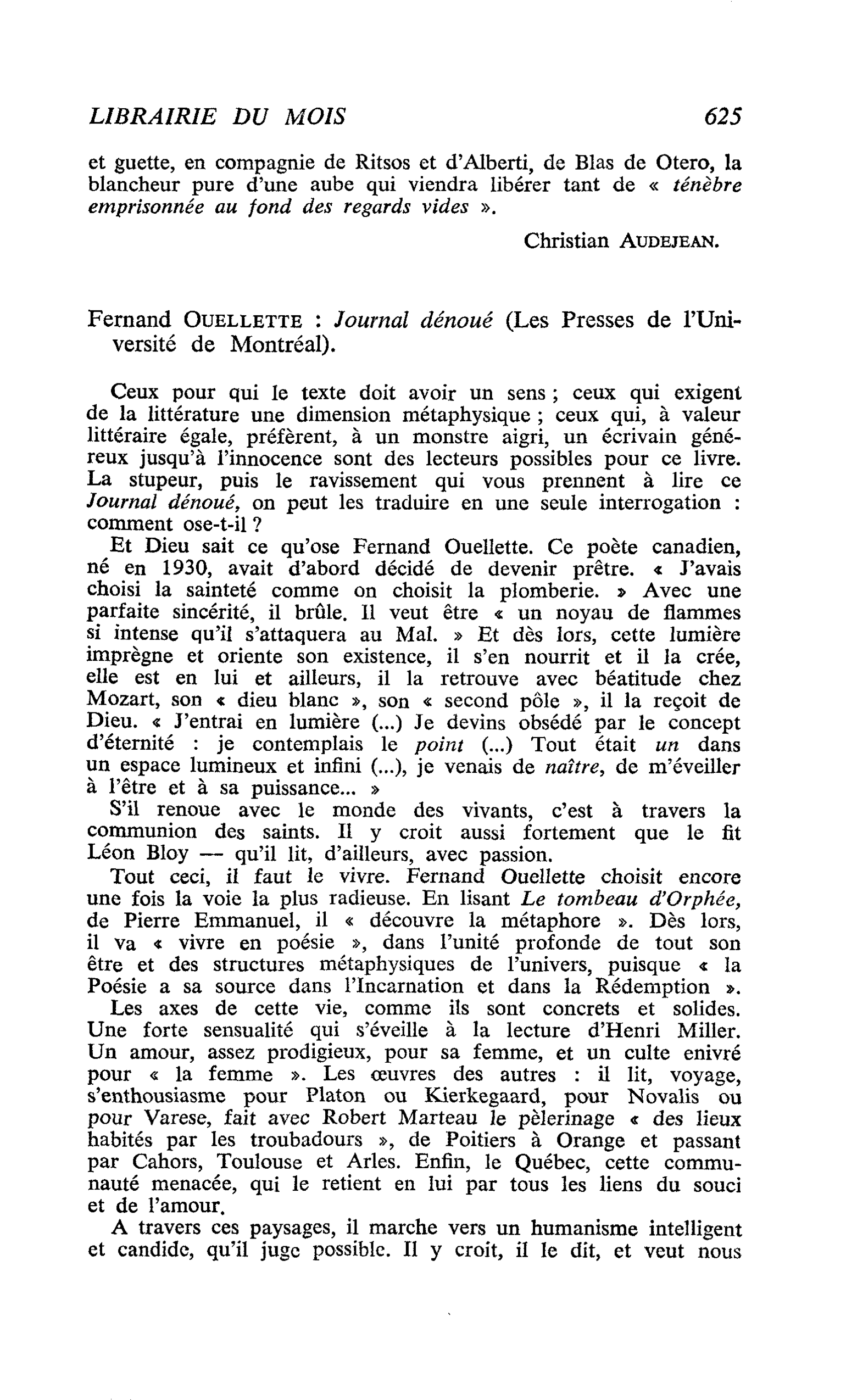 Fernand Ouellette : Journal dénoué