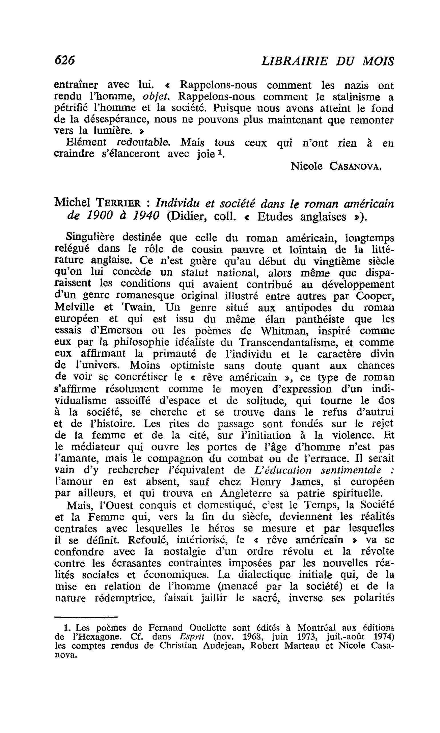 Michel Terrier : Individu et société dans le roman américain de 1900 à 1940